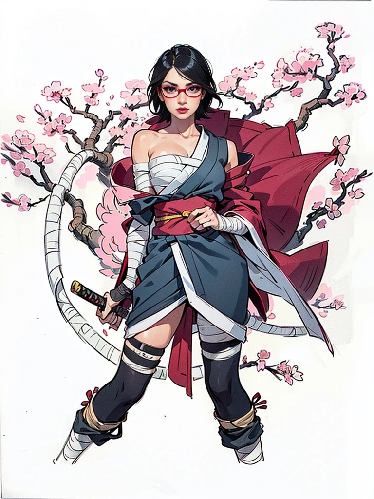 (1girl, solo, alone), (WakatsukiRisa, Sarada Uchiha, black hair, short hair, black eyes, red glasses), ((solo, (1woman, ((small bust)), pink lipstick, black eyes), Extremely detailed, ambient soft lighting, 4k, perfect eyes, a perfect face, perfect lighting, a 1girl)), ((fitness, shapely body, athletic body, toned body)), ((a drawing of a woman, kimono, holding a sword, ((sarashi, bandage)), cherry trees, cherry blossom, showing her shoulder, urban background, Tokyo))
