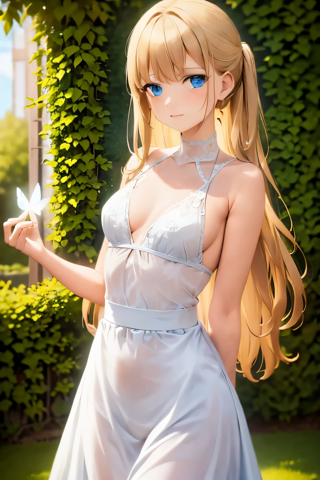 A girl with flowing golden hair and mesmerizing blue eyes, wearing an elegant white dress, standing in the midst of a vibrant garden filled with blooming flowers and lush greenery. The sunlight gently illuminates her delicate features, casting a soft glow on her flawless skin. She holds a delicate butterfly in her hand, while a gentle breeze swirls around her, causing the flowers to dance in harmony. The scene is captured in a breathtaking oil painting, with every detail meticulously crafted to create a masterpiece. The colors are vibrant and vivid, with a hint of ethereal pastel tones, giving the artwork a dreamlike quality. The lighting is soft and diffused, creating a serene and tranquil ambiance. The high-resolution image showcases the artist's impeccable skill, capturing every intricate detail with precision. The overall atmosphere exudes a sense of beauty, grace, and enchantment. The artwork is reminiscent of classical portraits, with a touch of fantasy and whimsy, evoking emotions of wonder and awe.