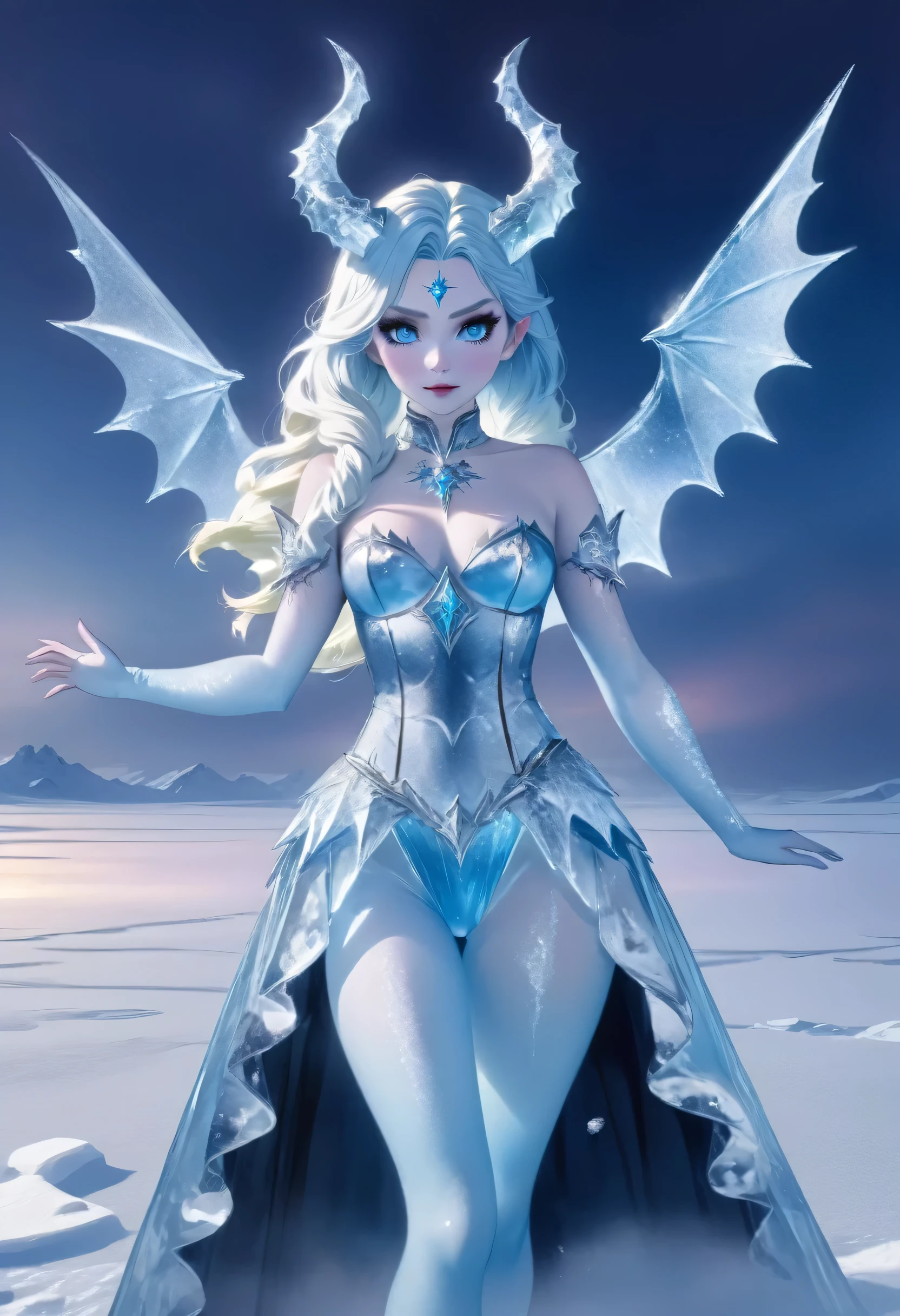 (8k, highest quality, masterpiece: 1.2), (realistic, realistic: 1.37), Super detailed, ((an ice female sexy demon:1))、Standing in the frozen snow field、Witch wearing pale armor, ((sexy costume:1)), SEXY female devil, ((aurora in the night sky)),  ((pale blue skin:1))