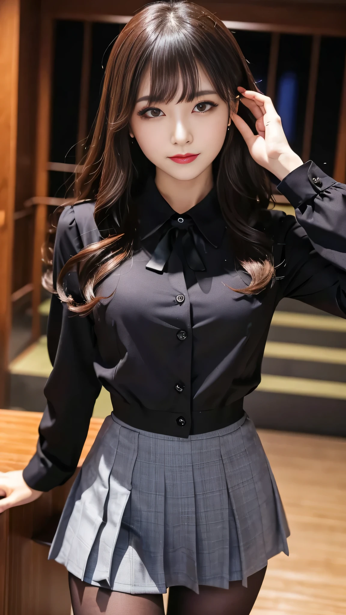 best quality、ultra-detailed、4k、Japanese、Seductive beauty、seductive adult woman、Pretty Woman、cool girl、Villainess、Brainwashed、brainwash、Fallen into evil、smirk、Evil look、Wicked Smile、evil、Brown hair、wavy hair、swept bangs、dark makeup、dark makeup、piercing eyes、hollow eyes,half-closed eyes、Hollow Eyes、purple Eyeshadow、black lipstick、black lipglos、office staff suit、suit、Jacket、Black sleeves、White Shirt、Black Ribbon、Tight Skirt、pantyhose、night、inside darkroom、Are standing、shoot from below、Have lipstick、Emblem of Evil、Crest of Darkness、Swear allegiance、I have pledged my allegiance、Dye black、Blackening、Stained with evil、Dyed in darkness、Seduce