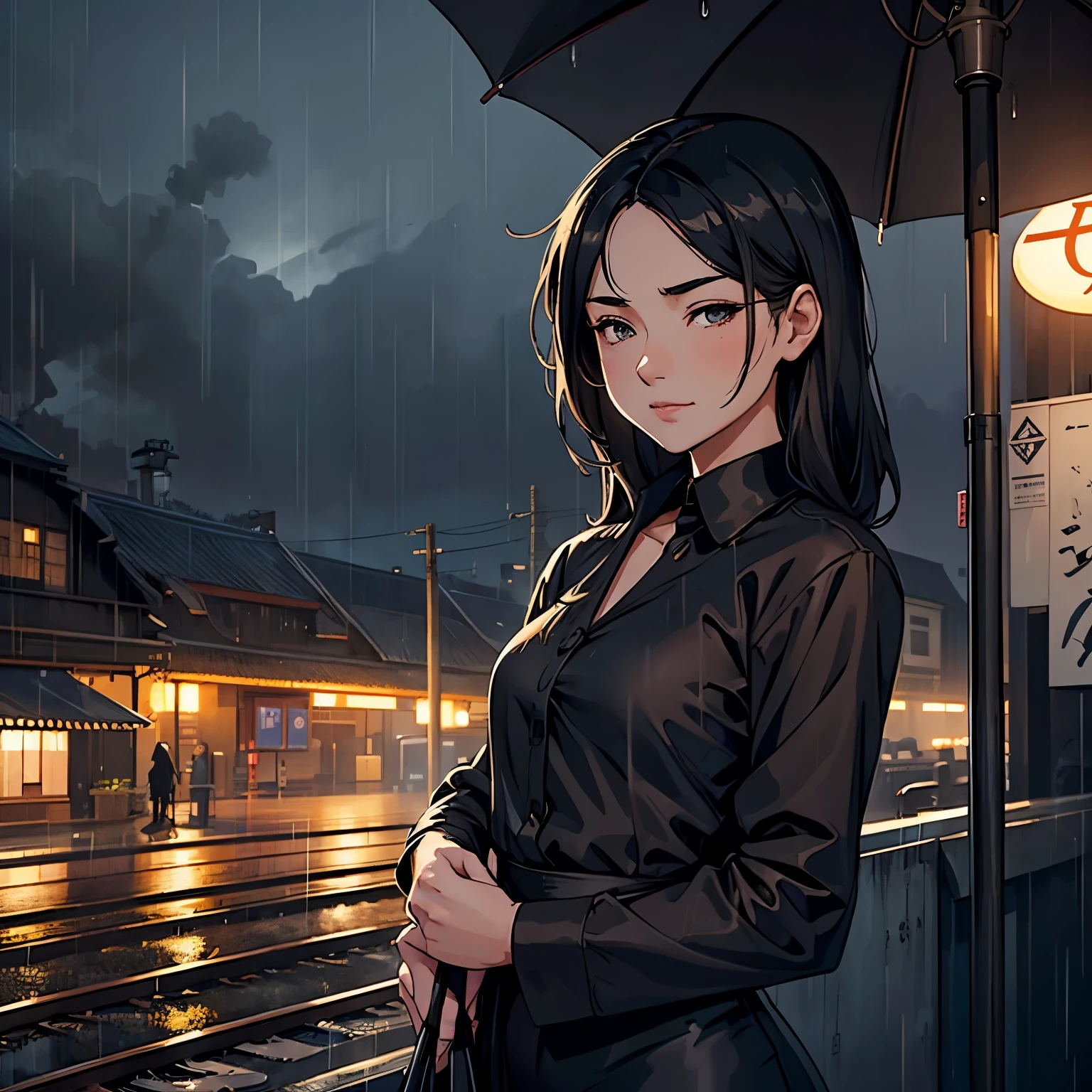 Cute girl, wearing long black satin shirt, on a railway platform, waiting, steaming rice, night time, rainy