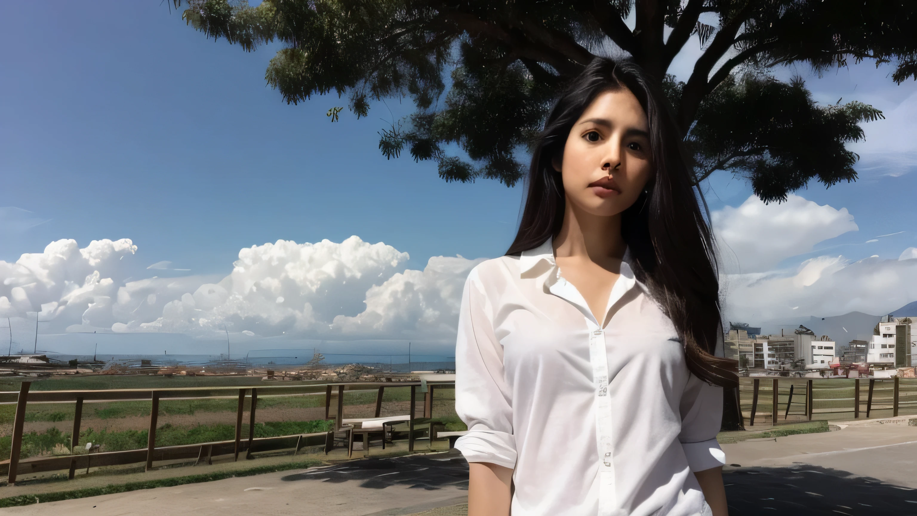 mujer peruana, mirar al espectador, pelo largo, camisa, vaqueros, nube, day, cielo,al aire libre, despues del Apocalipsis, restos, escenario, tree, agua,