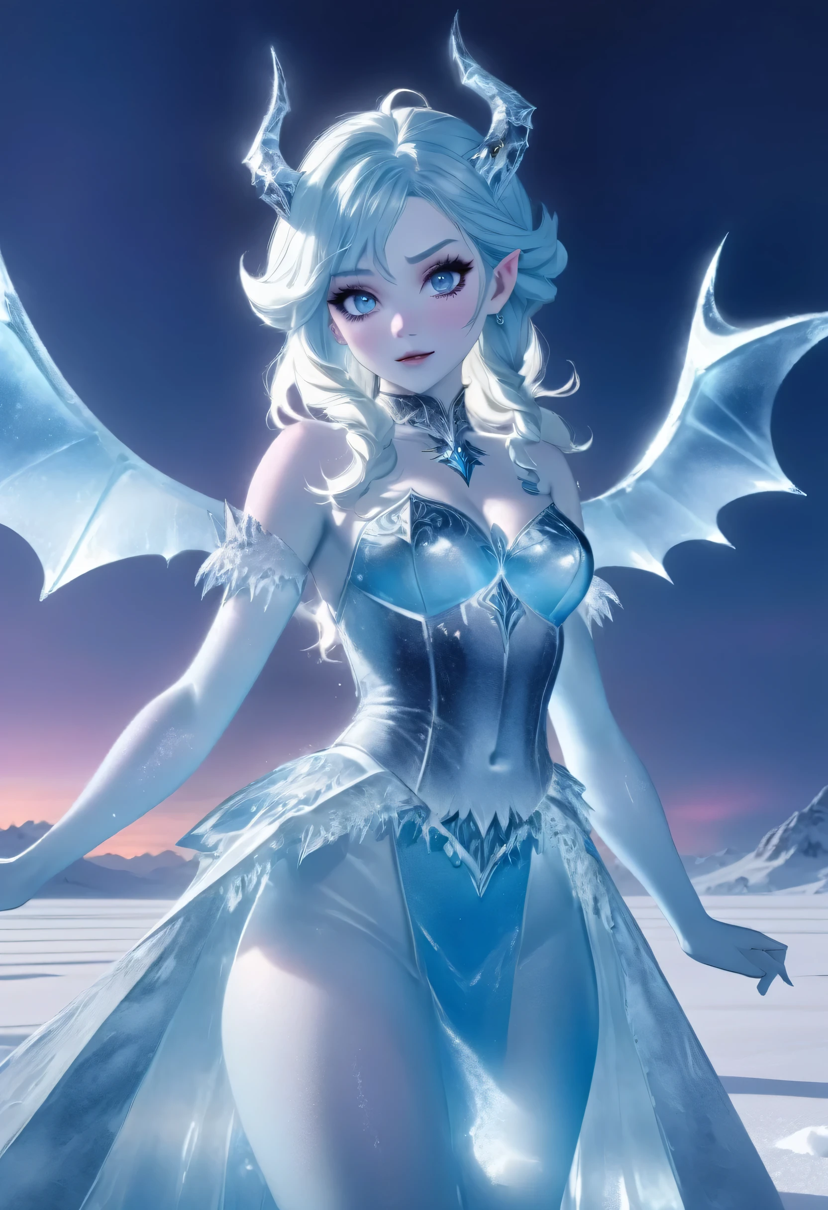 (8k, highest quality, masterpiece: 1.2), (realistic, realistic: 1.37), Super detailed, ((an ice female sexy demon:1))、Standing in the frozen snow field、Witch wearing pale armor, ((sexy costume:1)), SEXY female devil, ((aurora in the night sky)),  ((pale blue skin:1))