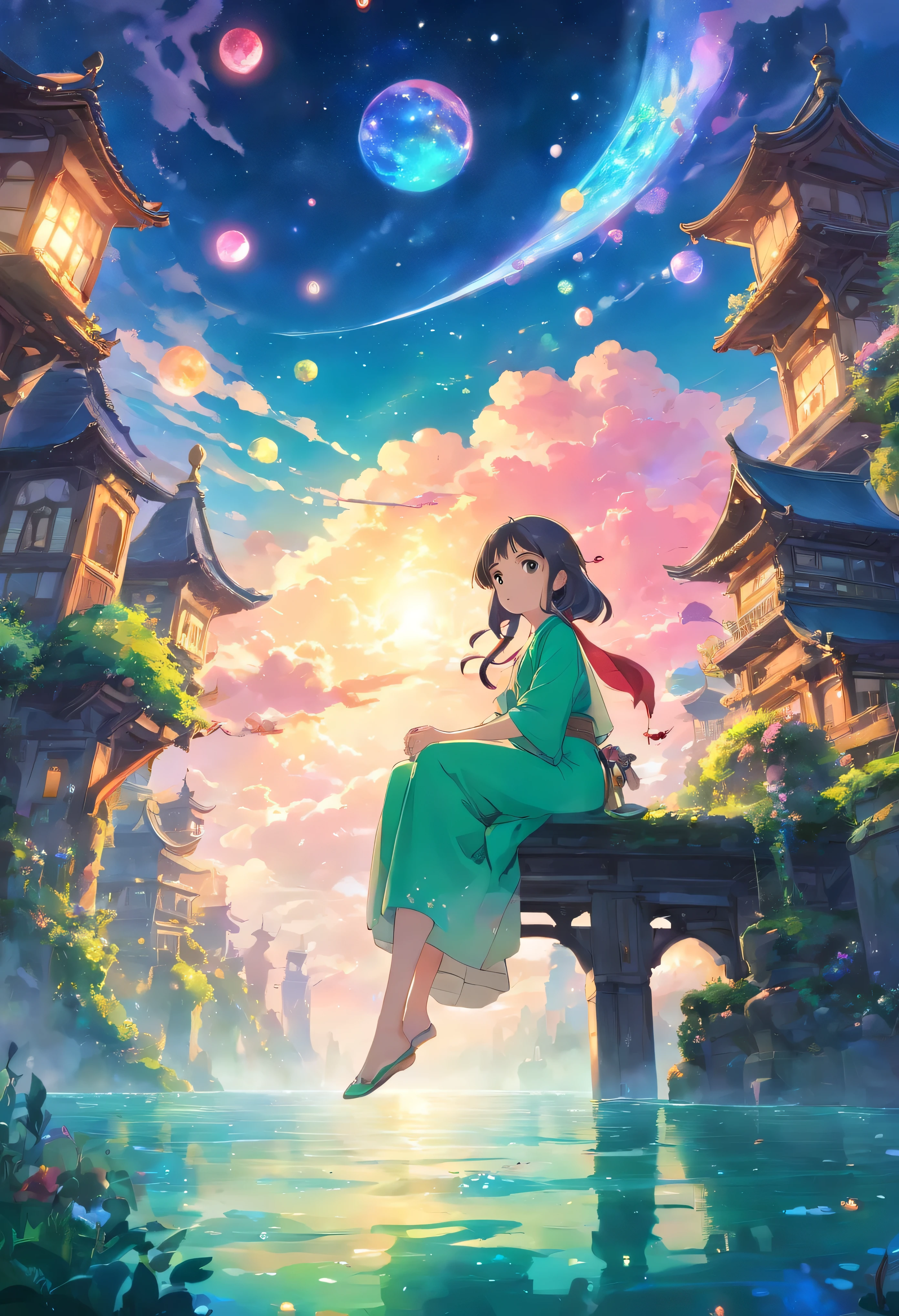 title: 「fantasy twilight」
explanation: This 8K raw photo、So beautiful that it can be called a masterpiece、Illustrated with life-like realism and ultra-high resolution。In the center of the screen is、A fair-skinned, delicate, beautiful girl、sitting on the crescent moon。her long hair shines iridescent、Bubbles surround it as if it were underwater.、green、pink、gold、silver、A universe of emerald green gradations is expanding。
A silver steam guardian nebula floats in the sky.、Corrosive enveloping ray family and colorful stars々、nebula、meteor、comets decorate the sky。Although the scenery of the earth is melancholic,、There is a feeling of ennui、Loneliness and kindness coexist。
on the other hand、Beautiful sunlight shines in the sky、white clouds float、The glow of the sunset illuminates the ground。Floating cities and gardens blooming in the sky、It depicts vines spreading along the wall.、There is a dreamy atmosphere。
This animation、It is depicted as background art for a beautiful anime.、This is a very detailed and beautiful piece of work.。A detailed depiction of the floating city where she sitirage or floating minaret floating in the air、Illusory depiction of a bell tower, etc.、Estrem contains detailed elements。This work、Inviting the viewer to a dream world、Brings a sense of warmth and security。
