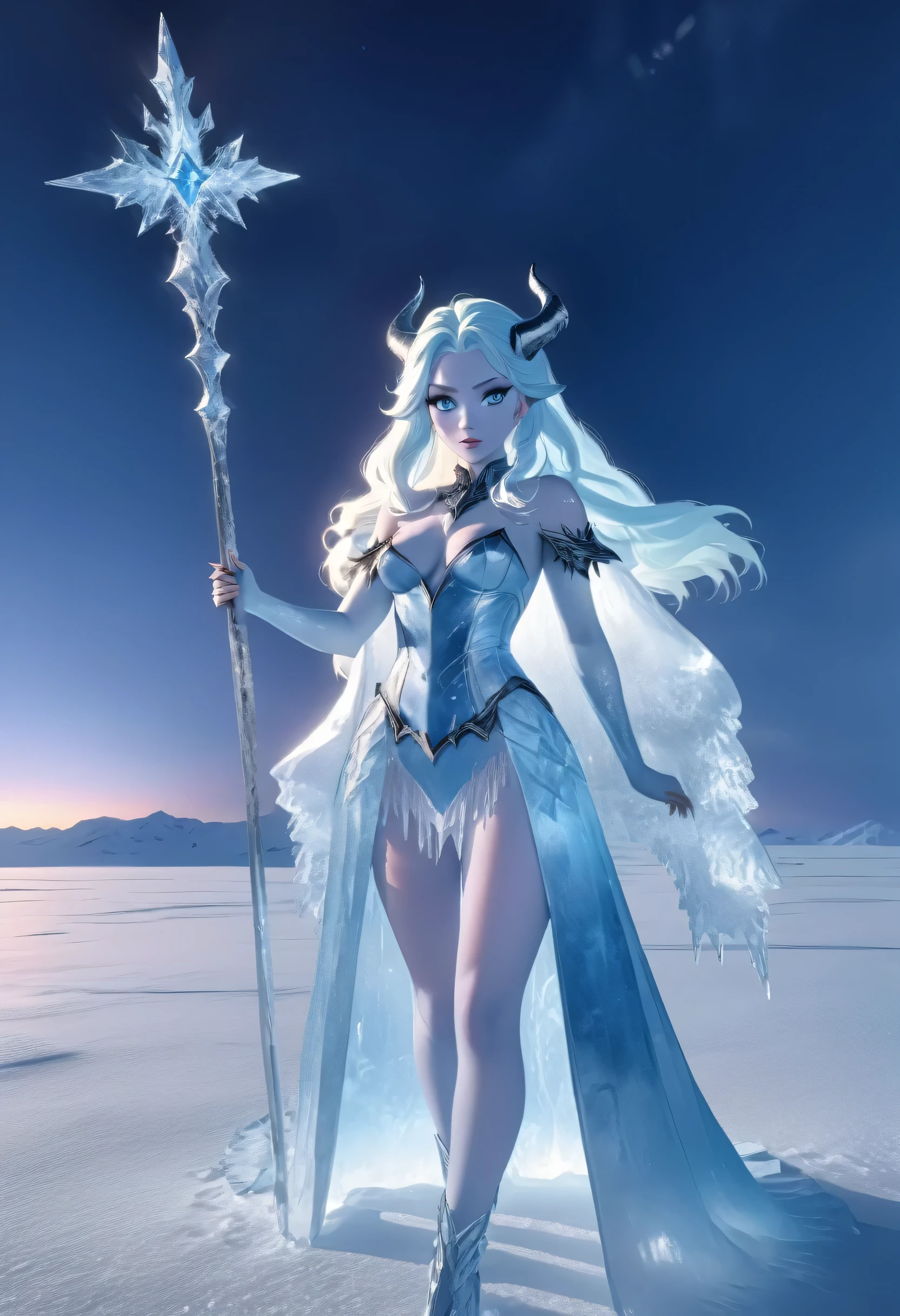 (8k, highest quality, masterpiece: 1.2), (realistic, realistic: 1.37), Super detailed, ((an ice female sexy demon:1))、Standing in the frozen snow field、Witch wearing pale armor, ((sexy costume:1)), SEXY female devil, ((aurora in the night sky)),  ((pale blue skin:1))