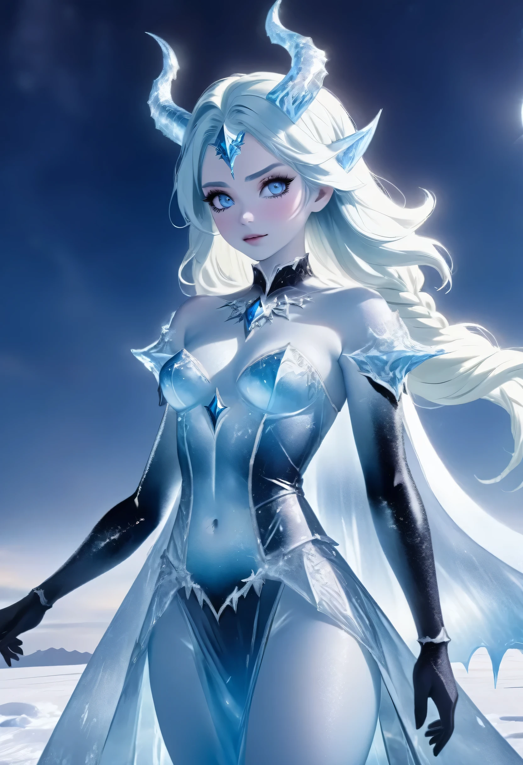 (8k, highest quality, masterpiece: 1.2), (realistic, realistic: 1.37), Super detailed, ((an ice female sexy demon:1))、Standing in the frozen snow field、Witch wearing pale armor, ((sexy costume:1)), SEXY female devil, ((aurora in the night sky)),  ((pale blue skin:1))