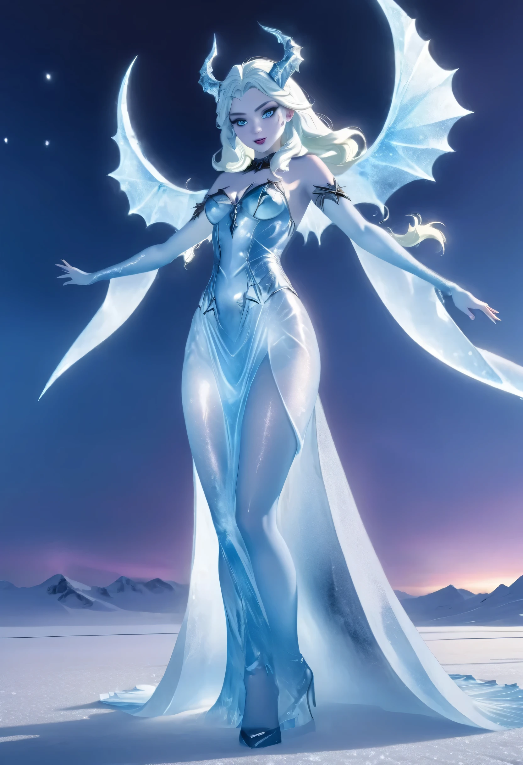 (8k, highest quality, masterpiece: 1.2), (realistic, realistic: 1.37), Super detailed, ((an ice female sexy demon:1))、Standing in the frozen snow field、Witch wearing pale armor, ((sexy costume:1)), SEXY female devil, ((aurora in the night sky)),  ((pale blue skin:1))