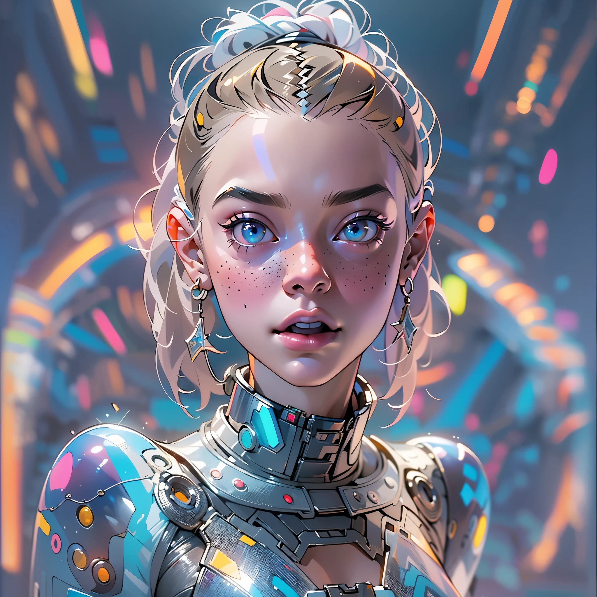 Superhero girl ("Elle Fanning"), (slim body:1.3), (full length), shining, sparkling, neon, (Correct anatomy:1.4), Open bikini. A very beautiful, well-groomed girl, with clear skin, beautiful lips and a slight smile on her face. Beautiful figure, modern clothes, cool modern couture dress. Sexually. Presentation background, neutral gray-blue, in virtual space. Top quality, 16k Full HD, cinematic rendering. Create a piece of art that captures the unique beauty of baby Michela..., renowned digital influencer. Focus on her unique facial expression as she looks straight into the camera, trying to capture the intensity of her piercing blue eyes. Capture her signature style with a Spanish-inspired updo styled in two carefully crafted hairpieces. Add details that reflect her charming and avant-garde personality. We tried to convey the aura of modernity and originality that characterizes Lil Miquela in the digital world. A few freckles and nevi, long hair, braided hair.