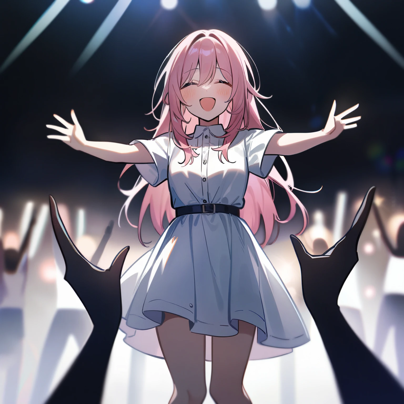 2 fields, Singing on stage, the first girl with pink hair in ponytails, and the hair down at the back. in a short white dress. And the second one is taller than the first one with long black hair, in a black short dress. In front of a bunch of fans. Best quality