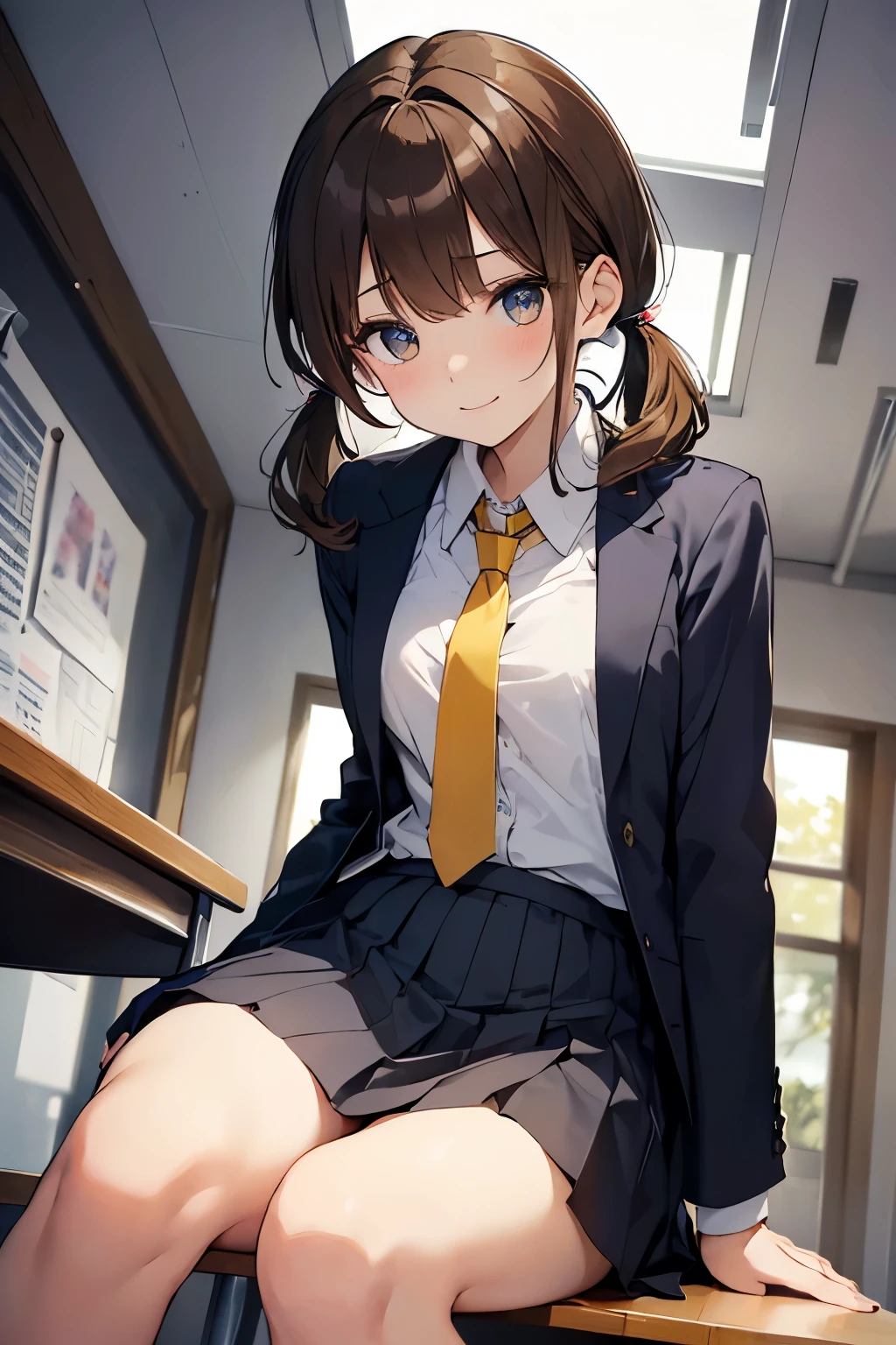 NSFW:1.4, 8K, highest quality, masterpiece, lively, real person, Wallpaper by Unity 8K, school classroom、sit at desk、sit with legs apart、(1 girl) , beautiful eyes, (delicate face) , perfect details, (best lighting) , (超Complexdetailed),、(taken from below:1.5)、Peeking out from under the skirt、cowboy shot、{Low - Angle:1.4}、show panties、laughter、smiling girl、high , {navy blue blazer:1.2}、{white shirt}、{Yellow ribbon tie}、{gray pleated skirt}、((small breasts:1.2))、wears a proper uniform、(1 girl),(beautiful eyes、drawn in detail、face every detail、masterpieceサイドライト、masterpiece、highest quality、detailed、High resolution illustrations),delicate makeup, (Close-up:1.2)、throw、soft focus ground bokeh、turn to me and smile,black eye,Half-up hair with short bangs(((brown hair)))、curly hair,short hair, ((low twintaols:1.3), (short twin tails:1.3), 非常にdetailedな, Complex, table top, absurd
