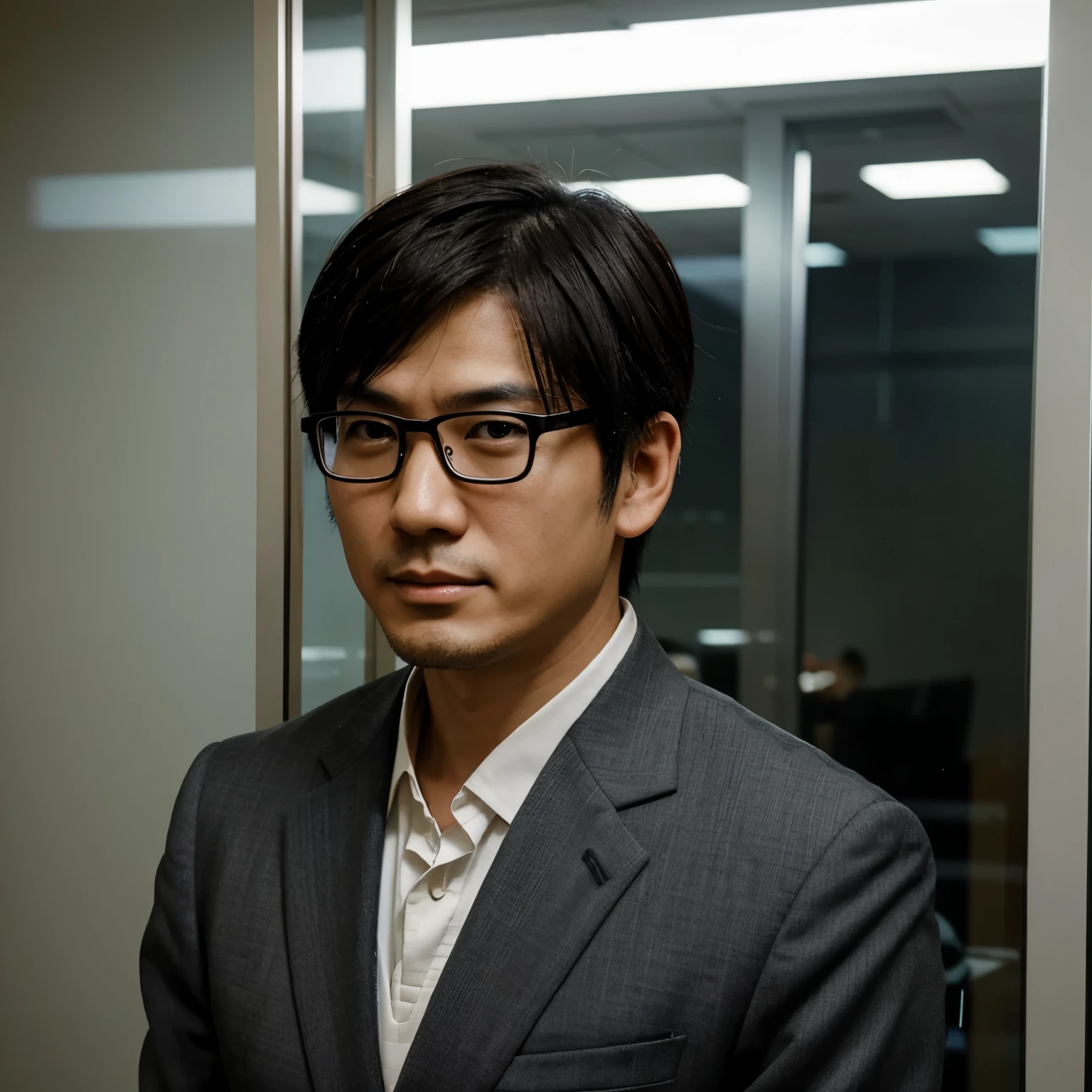 Cartoonish picture of a Japanese man wearing suit and glass in his early 40s