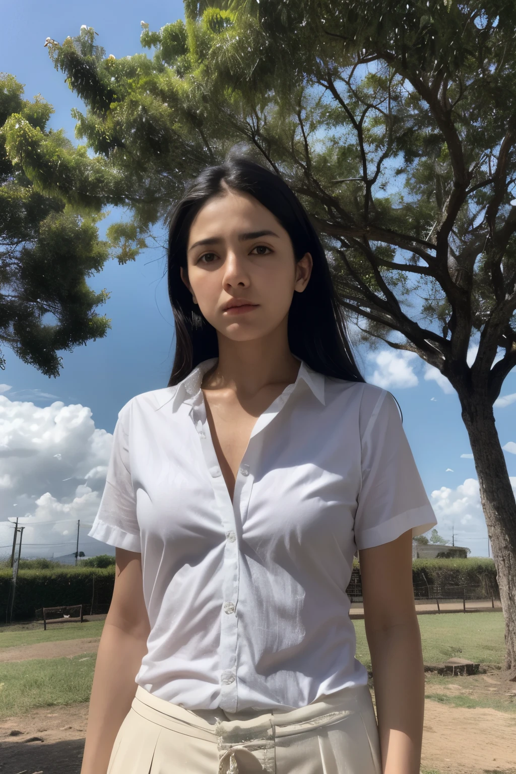 mujer tailandesa, mirar al espectador, pelo largo, camisa, vaqueros, nube, day, cielo,al aire libre, despues del Apocalipsis, restos, escenario, tree, agua,