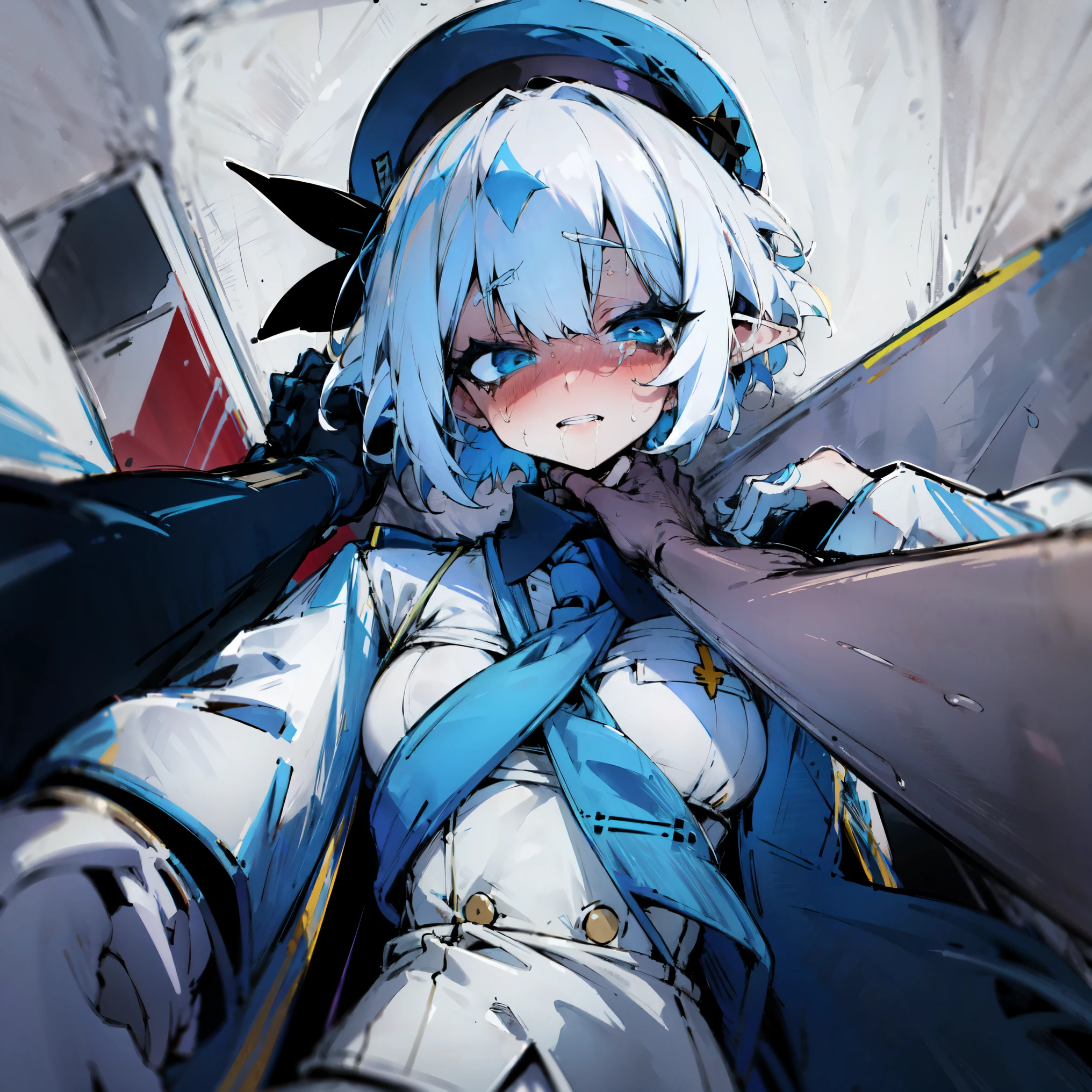 (Masterpiece, Top Quality, Best Quality, Official Art, Beauty and Aesthetics: 1.2), (Flat Color: 1.3), Very Detailed, Detailed Face and Eyes, Cinematic Light, SFW, Anime, Depth of Field, 1 Girl, Solo, Official, White Hair, Elf Ears, Short Hair, Blue Eyes, Black Eye Shadow, Medium Tits, White Beret, White Trenchcoat, Military, SS Officer, Buttoned Up, Getting Choked, Submissive, Erotic 