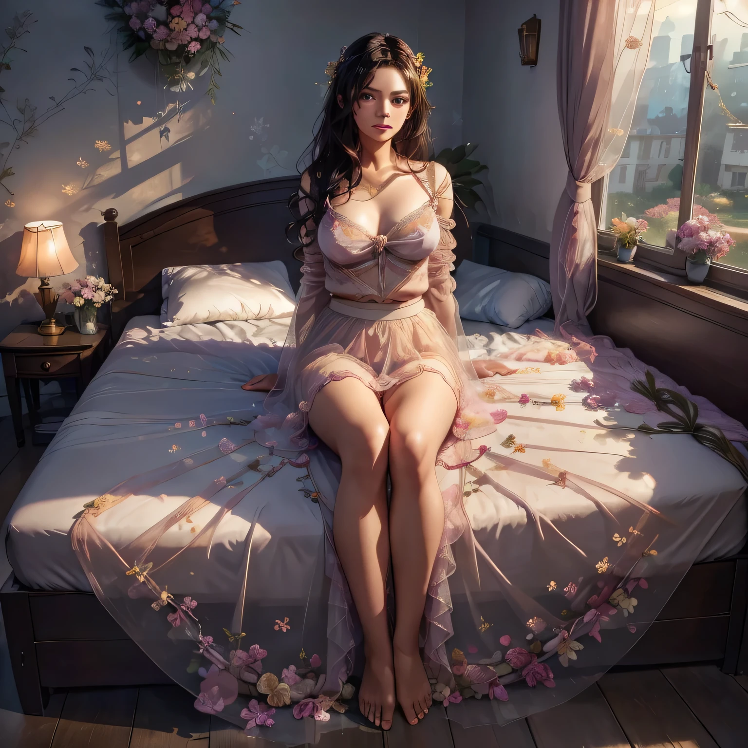 1girl,(bright lighting,romantic setting),dreamy background,,dark hair, mesmerizing gaze, , soft skin, alluring beauty, artistic portrait, high-quality image, vibrant colors,long floral sheer skirt, mosquito net, romantic bedroom, solobound,full body visible on the screen,lying on the bed,barefoot