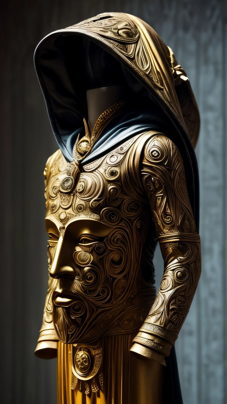 OBJECT
Observing a humanoid representation with a hooded garment. The face is an ornate, mask-like with intricate patterns, not organic in appearance. Torso depicts similar complex designs, suggesting a ceremonial or symbolic attire.
SPECULATION
Possible bizarre uses include ritualistic purposes or a means to exemplify status. The absence of visible sensory organs on the faceplate could imply a non-physical mode of perception, or a representation of a deity or figure of reverence within human culture.