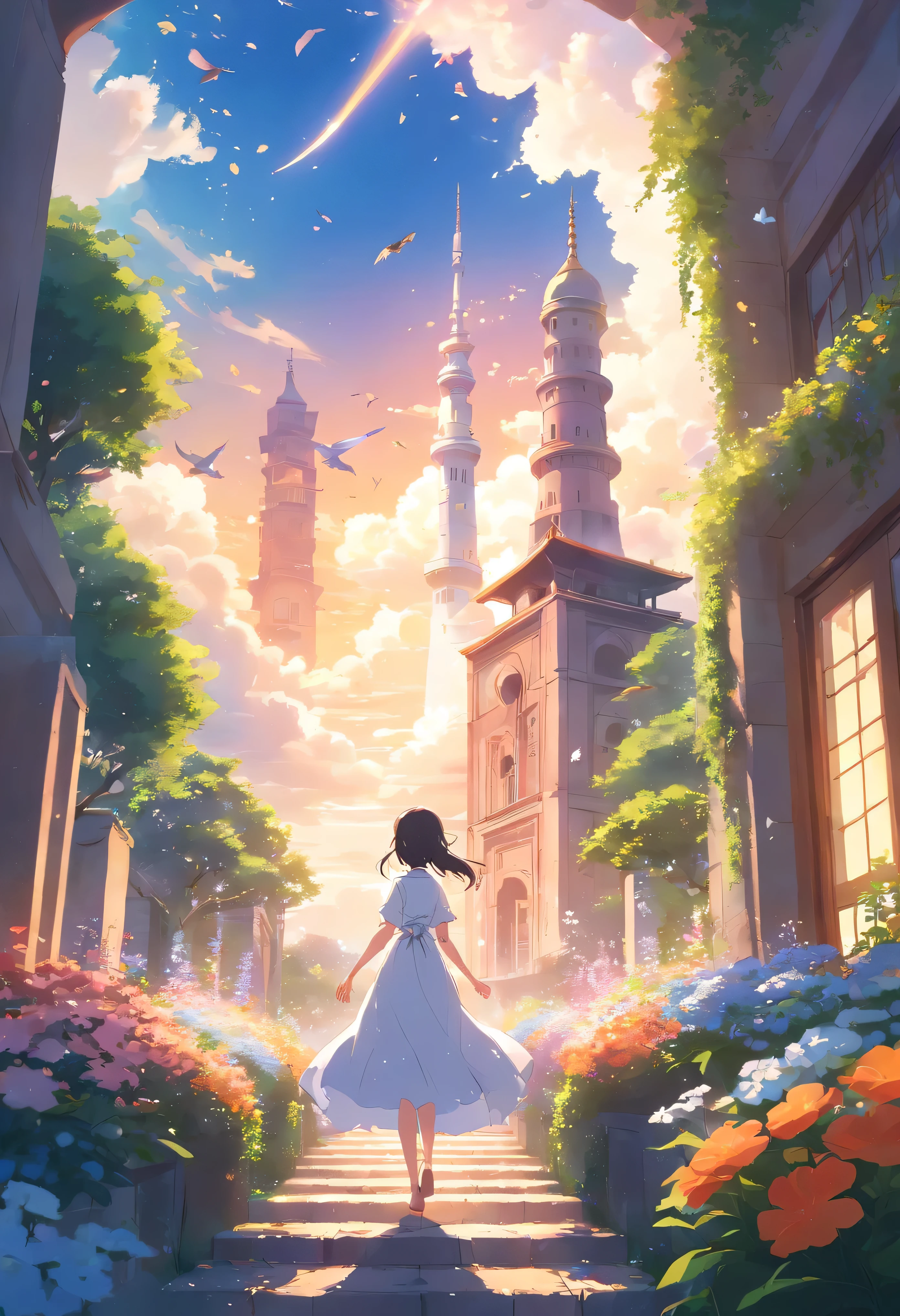 title: 「girl in a white dress in the garden with flowers」
explanation: This animation scene、It depicts a girl wearing a white dress standing in a beautiful garden.。around her、Gorgeous flowers々is in full bloom、The sky is filled with the glow of a beautiful sunset。White clouds float in the sky、The background features a transparent mirage, an illusion-like floating minaret, and a bell tower.。Birds fly in the sky、Beautiful scenery that looks like a floating city and blooming flower petals spreads out.。
Features: This animation is very detailed、Features beautiful anime background art。Produced in 4K high resolution、Features are detailed and beautiful visuals.。Influenced by famous artists like Makoto Shinkai and Cyril Rolando.、A fantastical worldview is depicted.。It also includes creative elements like flower petals and vines blooming beautifully along the walls.。
This scene is、Expressing a beautiful and dreamy world、By giving viewers a comfortable feeling、I invite you to a fantastic journey。