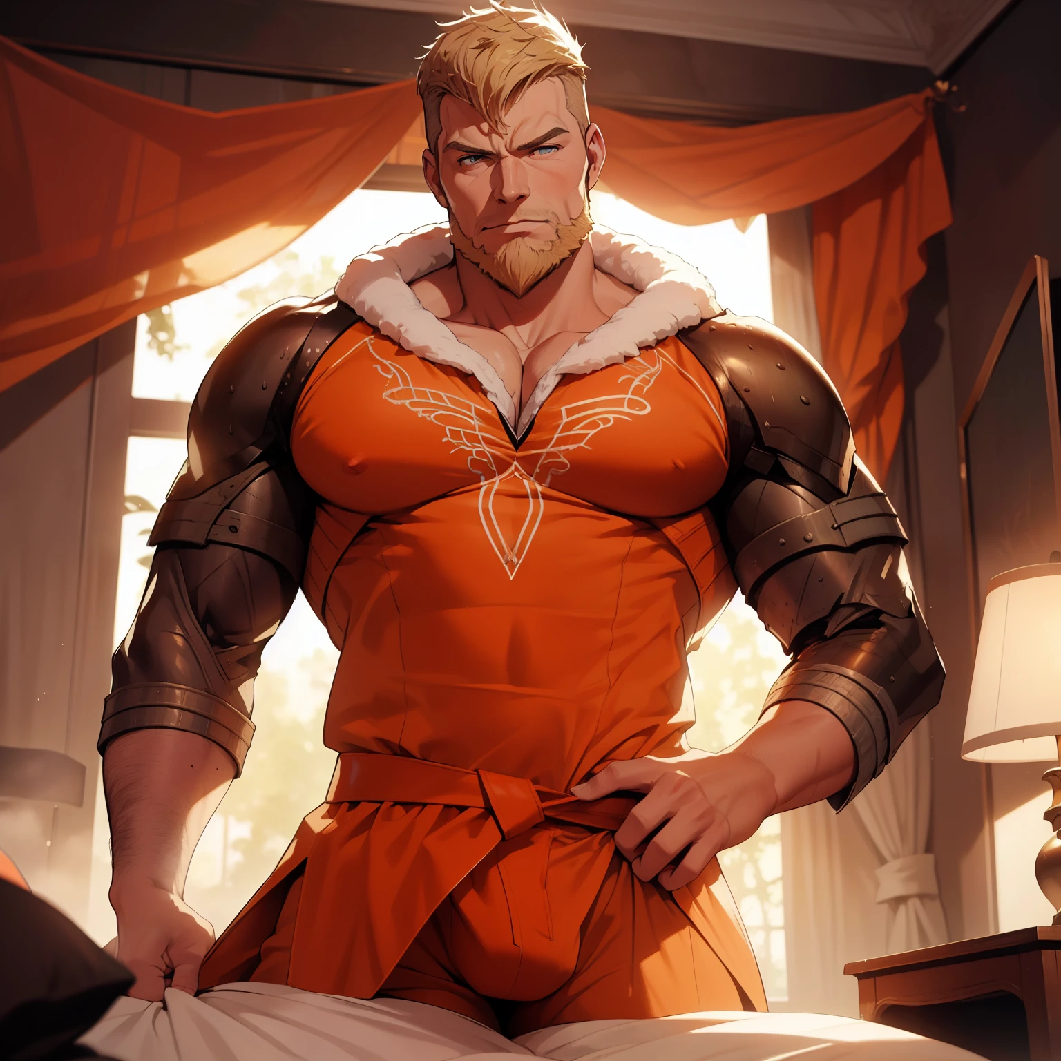 Um guerreiro velho musculoso, lascivo, imponente, 60 anos, Vista lateral, corpo inteiro, olhos de cor azuis, blond short hair , thick long blond beard, peitorais largos, sexy pecs, he is very angry, pose imponente, his wearing tight orange lingerie, very cleavage, nsfw, huge protrusion in the crotch, big bulge, He's lying in bed, Obra-prima maravilhosa altamente detalhada, beautiful cinematic light deep focus, elegante, Pintura digital, sementes, sharp focus, golden ratio, dramatic lighting, 8k