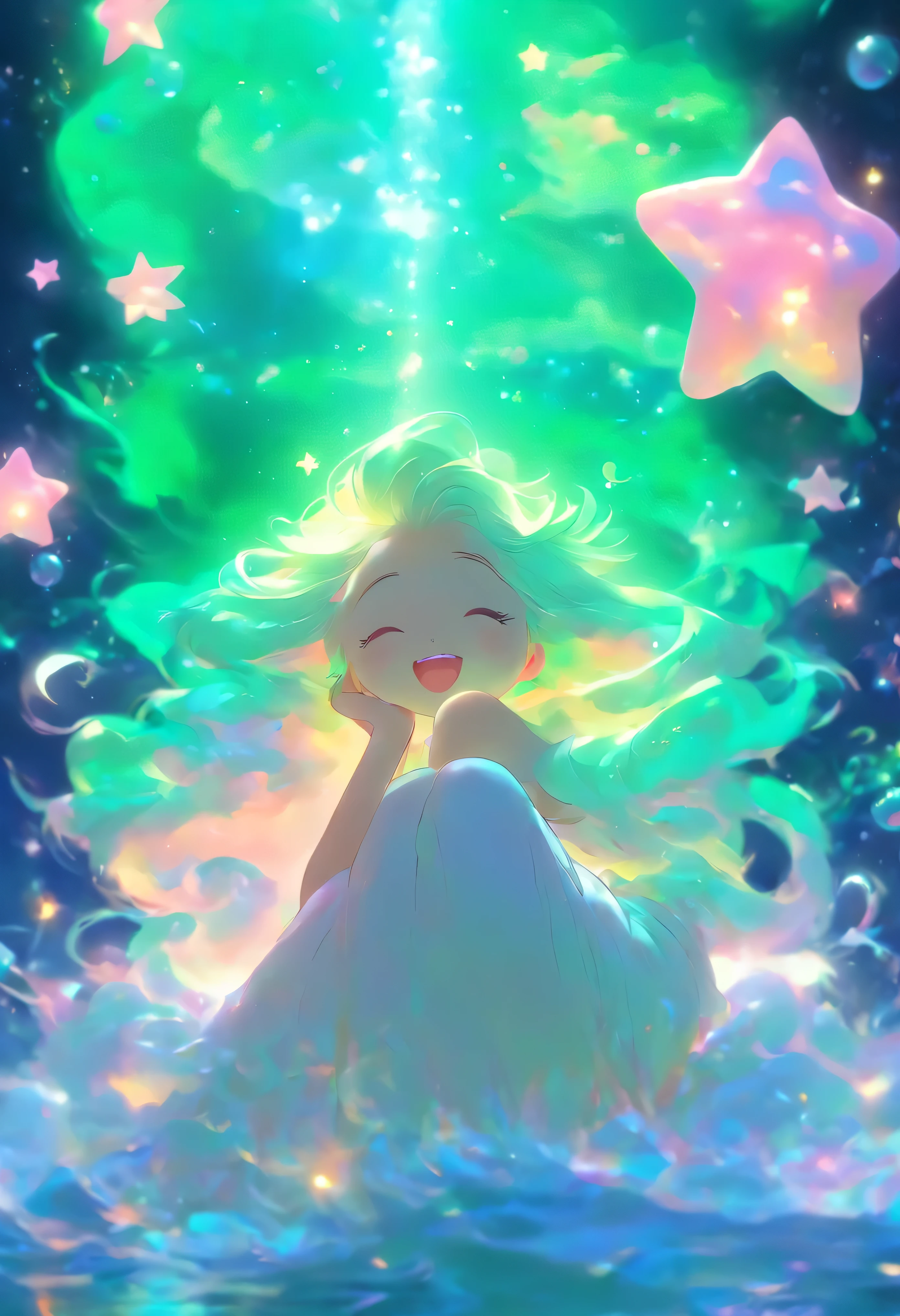 explanation: This work、Painted with bright colors and high-definition details、It expresses a fantasy world full of vitality.。In the center of the screen is、A beautiful, delicate girl is sitting on the crescent moon.、Her long, iridescent hair is flowing.。Around、Bubbles appear that look like they are underwater、green、pink、gold、silver、Various colors such as emerald green create a gradation.、floating in space。The space is like a magical world、star々or star clouds、stream star、The comet stars are spreading out in a magical array of colors。on the other hand、Coexistence of loneliness and gentleness from the screen、lively vitality、There is also a warm feeling of security and a slimy atmosphere.。
Features: In 8K ultra-high resolution、It has a realistic texture that looks like a real photograph.、Features professional lighting and high contrast。By photon mapping、The light shines brightly、Volumetric lighting emphasizes the three-dimensional effect。Highly valuable as art、This work is regarded as official art and a masterpiece.。Also、It expresses the world view of high fantasy with a magnificent composition and magnificent proportions.、silver vapor guardian star cloud and corrosive enveloping ray family etc.、Also includes creative elements。