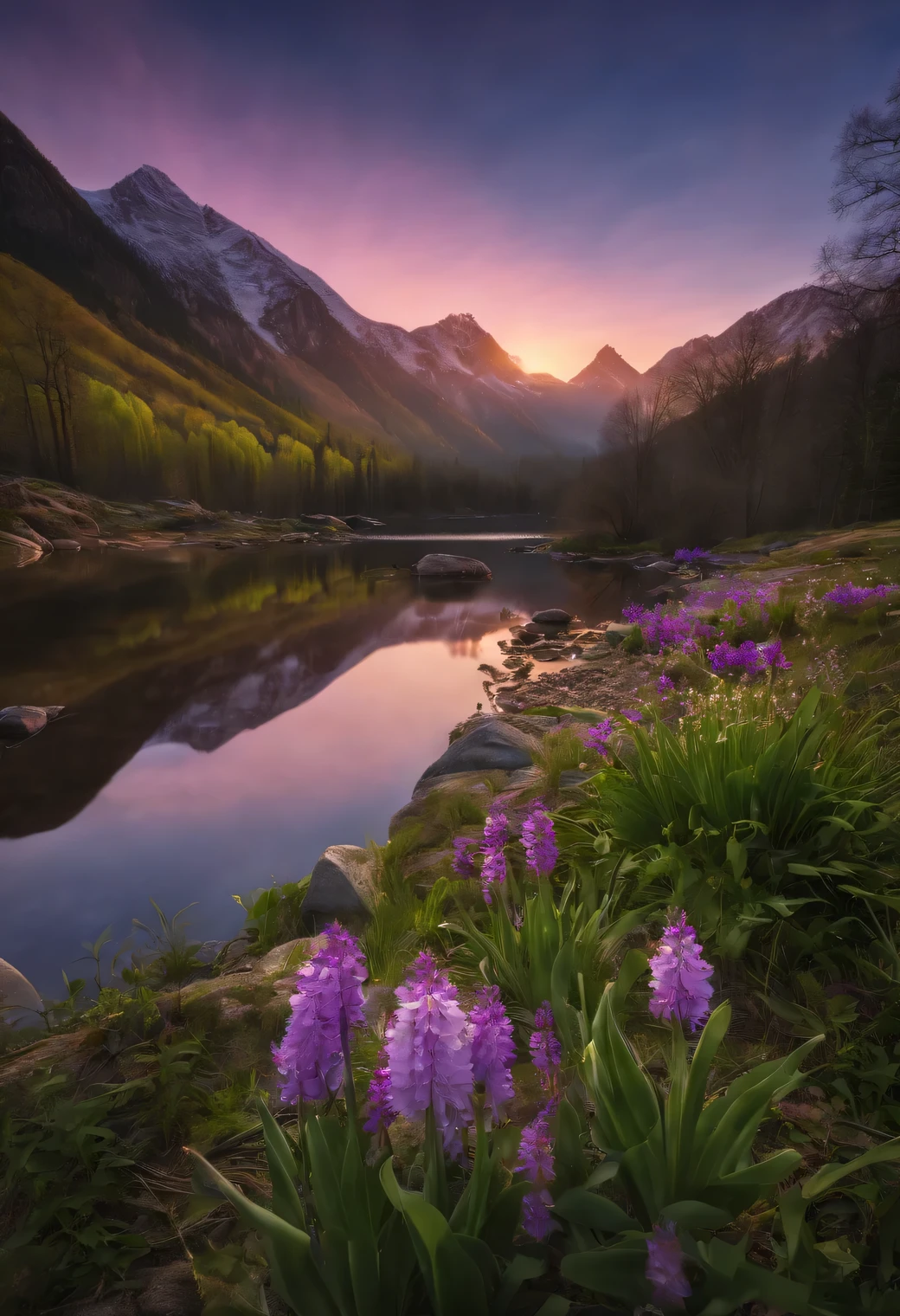A breathtaking spring morning scene, as the sun begins to rise and the mountains gradually transform, coated in a pristine white layer. The sky, now a little brighter, plays host to thin, ethereal purple clouds that gently dance and flutter in the morning breeze. Ultra high resolution, best quality, masterpiece, spring landscape, HDR, intricate details, hyper-realistic (1.5), cinematic shot, vibrant colors, ambient lighting.