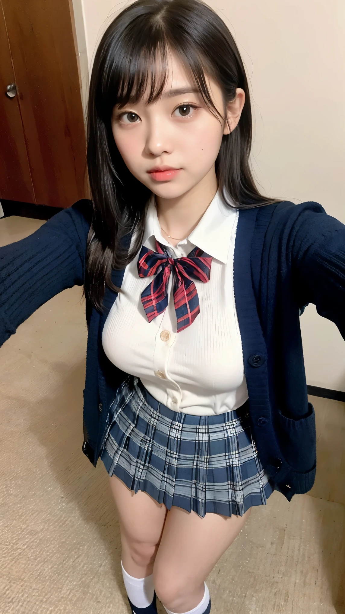 8K、High resolution、masterpiece、realistic、In detail、fine texture、high contrast、alone、high school girl、natural body shape、white skin、natural makeup、black hair、bangs、straight long hair、((high school uniform))(((navy blue cardigan、white collared blouse、red school ribbon、plaid pleated skirt、mini skirt)))、((big breasts))、、school classroom、(Looking at the camera facing forward)、full body photo、Head-to-toe portrait、expose thighs、dark blue socks、White School Shoes、((selfie))
