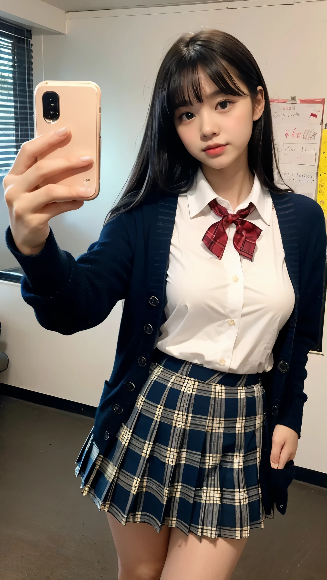 8K、High resolution、masterpiece、realistic、In detail、fine texture、high contrast、alone、high school girl、natural body shape、white skin、natural makeup、black hair、bangs、straight long hair、((high school uniform))(((navy blue cardigan、white collared blouse、red school ribbon、plaid pleated skirt、mini skirt)))、((big breasts))、、school classroom、(Looking at the camera facing forward)、full body photo、Head-to-toe portrait、expose thighs、dark blue socks、White School Shoes、((selfie))