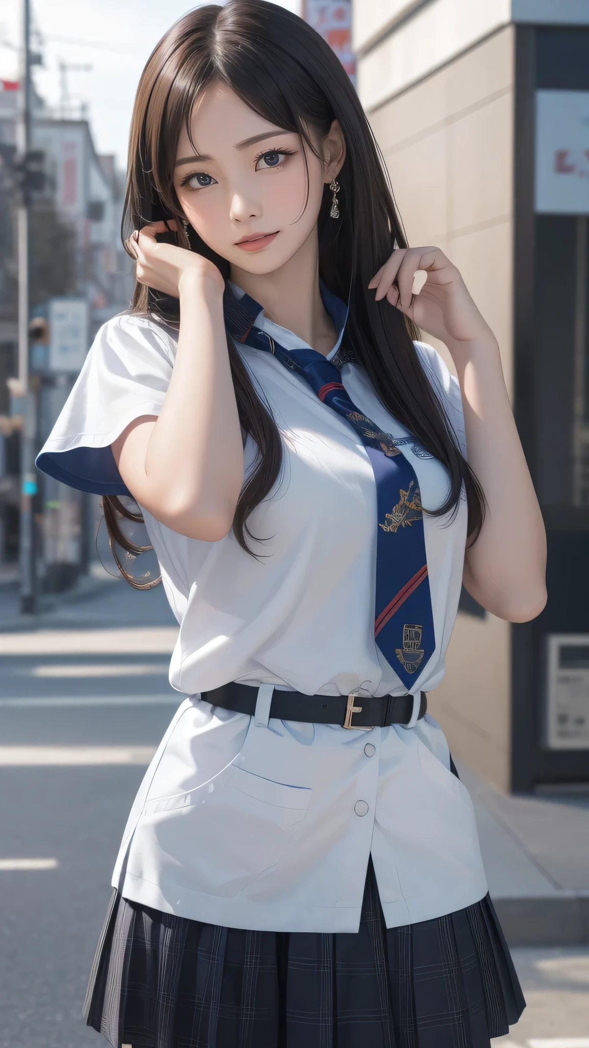 ((highest quality、(NSFW、((camel toe))、highest quality、masterpiece、Super high resolution、8K、highest quality、Drawn details)、(I photographed the whole body、stand)、(tilt one's head)、Photographed from a side angle、17-year-old high school girl、very beautiful shape、Take off your navy blue blazer uniform、dark blue mini skirt、Take off your white shirt、ribbon tie、Beautiful girl with black hair、black short hair、Secure your hair with white hairpins、Show ears、、Scenery behind the school building、Wind behind the school gymnasium、please open your legs、show off your crotch