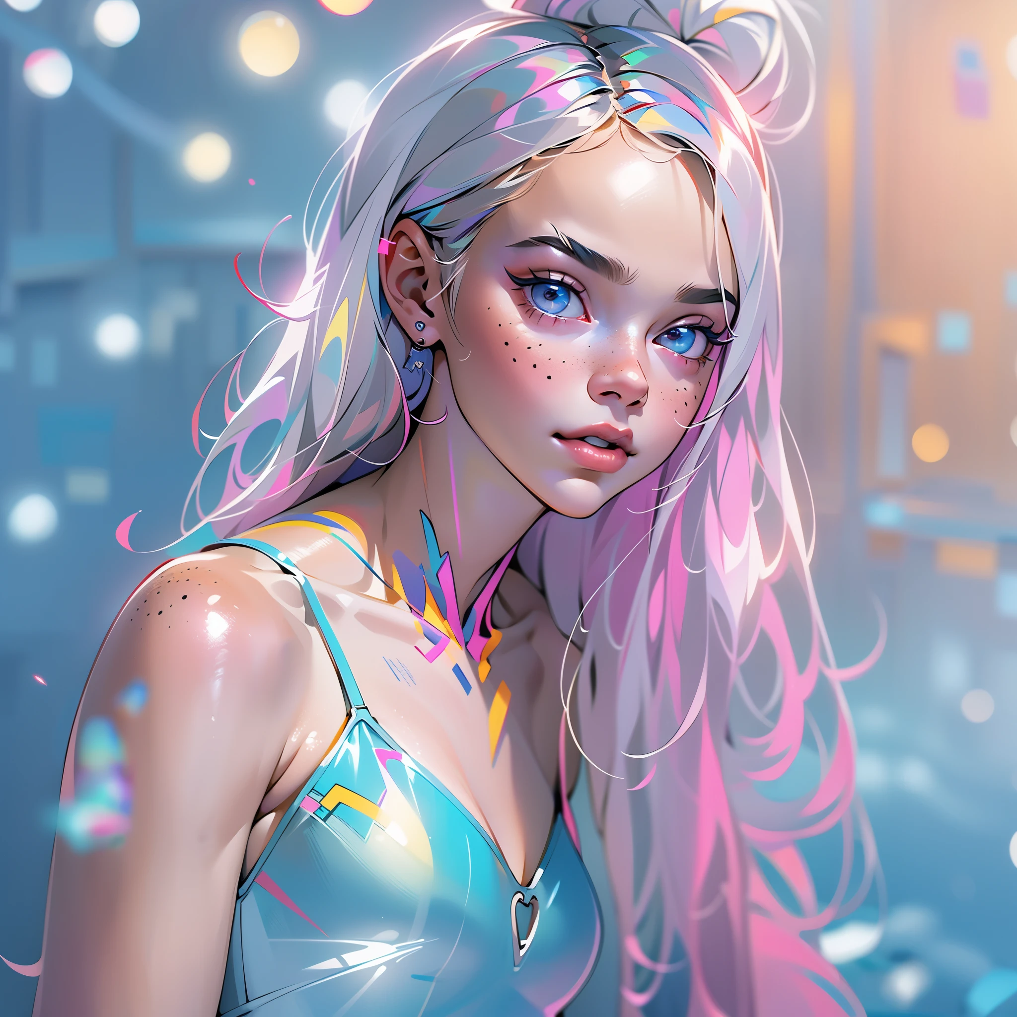 Superhero Girl ("Elle Fanning"), (slender body:1.3), emitting, sparkling, neon, (Correct anatomy:1.4), Revealing bikini. A very beautiful, well-groomed girl, with clear skin, beautiful lips, and a slight smile on her face. Beautiful figure, modern clothes, cool modern couture dress. Sexy. Presentation background, neutral gray-blue, in virtual space. Top quality, 16k. Full HD, Cinematic rendering. Create a piece of art that captures Michela's unique beauty..., Famous Digital Influencer. Focus on her unique facial expression as she looks straight into the camera, trying to capture the intensity of her piercing blue eyes. Accurately capture her signature style with a Spanish-style hairstyle styled in two carefully crafted chignons. Add details that reflect her charming and avant-garde personality. We made sure to convey the aura of modernity and originality that characterizes Lil Miquela in the digital world. Some freckles and nevi, long hair, braided hair.