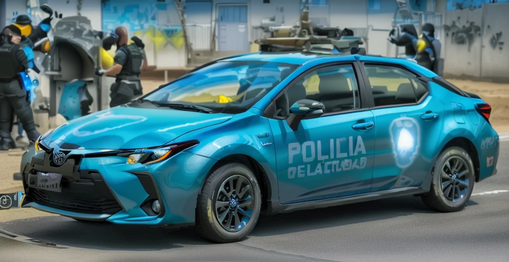 toyota corolla patrulla policial, camouflage azul claro y azul oscuro, linea amarilla, letras PM en las puertas, hiperreal, vista total completa panoramica fotografica nitida y brillante