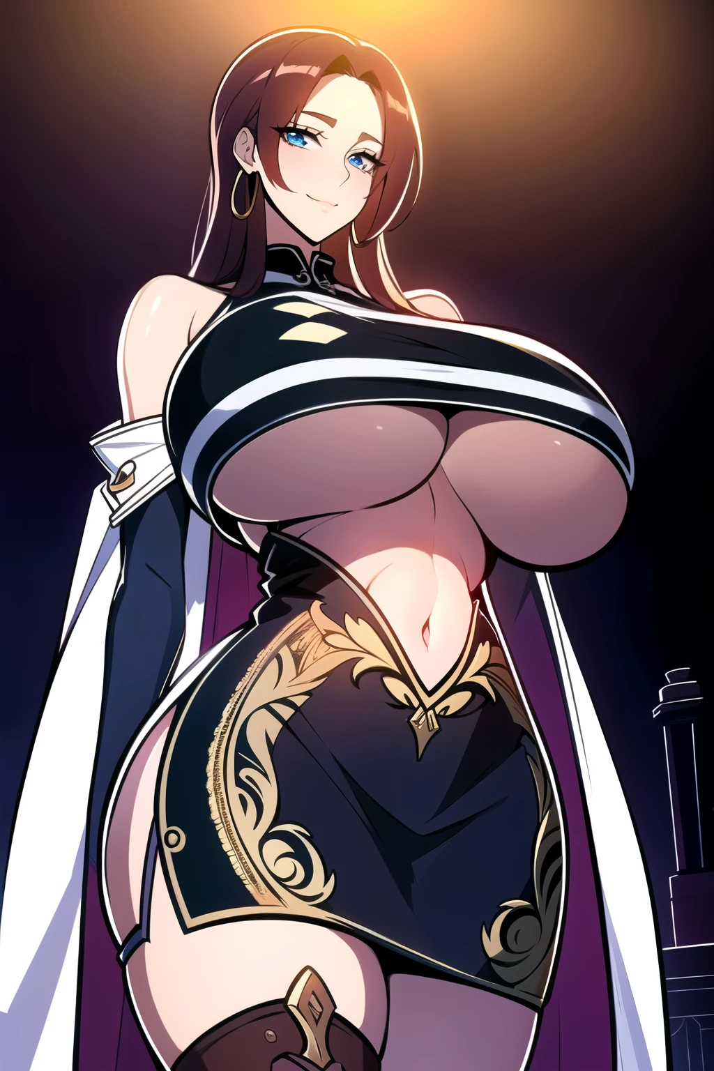 ultra realistic 8k cg, masterpiece, (( intricate detail, highly detailed, fine details best quality, hyperdetailed face)), gigantic breasts ,beautiful lighting, absurdres, BoaHancockV2, 1girl, solo, light brown hair, long hair, jewelry, closed mouth, ), (chinese dress, (underboob : 1.4), elbow gloves, thigh boots, split skirt, bare shoulders, curvy, midriff, curvy, thighs, shiny clothes), blue eyes, (complex detailed background, inside, luxury palace), ((cowboy shot)), curvy, (gigantic breasts: 1.1), seductive smile, cowboy shot,