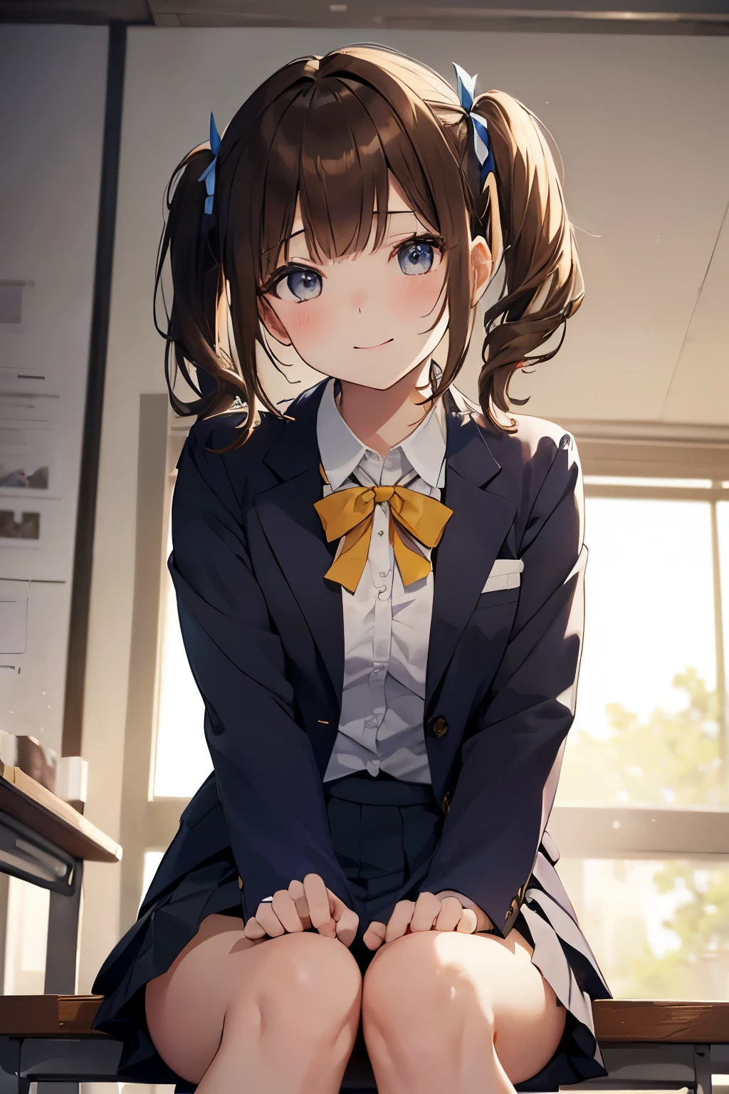 NSFW:1.4, 8K, highest quality, masterpiece, lively, real person, Wallpaper by Unity 8K, school classroom、sit at desk、sit with legs apart、(1 girl) , beautiful eyes, (delicate face) , perfect details, (best lighting) , (超Complexdetailed),、(taken from below:1.5)、Peeking out from under the skirt、cowboy shot、{Low - Angle:1.4}、show panties、laughter、smiling girl、high , {navy blue blazer:1.2}、{white shirt}、{yellow ribbon}、{gray pleated skirt}、((small breasts:1.2))、wears a proper uniform、(1 girl),(beautiful eyes、drawn in detail、face every detail、masterpieceサイドライト、masterpiece、highest quality、detailed、High resolution illustrations),delicate makeup, (Close-up:1.2)、throw、soft focus ground bokeh、turn to me and smile,black eye,Half-up hair with short bangs(((brown hair)))、curly hair,short hair, ((low twintaols:1.3), (short twin tails:1.3), 非常にdetailedな, Complex, table top, absurd