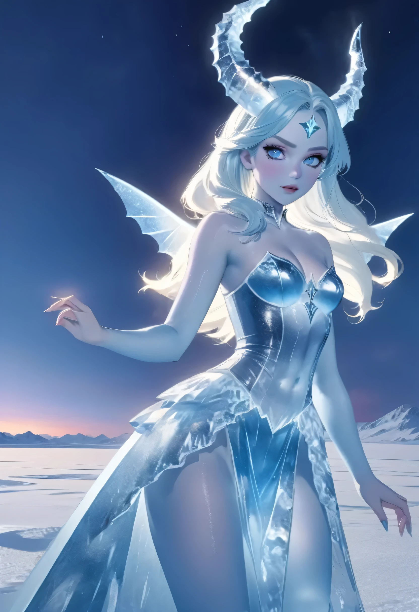 (8k, highest quality, masterpiece: 1.2), (realistic, realistic: 1.37), Super detailed, ((an ice female sexy demon:1))、Standing in the frozen snow field、Witch wearing pale armor, ((sexy costume:1)), SEXY female devil, ((aurora in the night sky)),  ((pale blue skin:1))