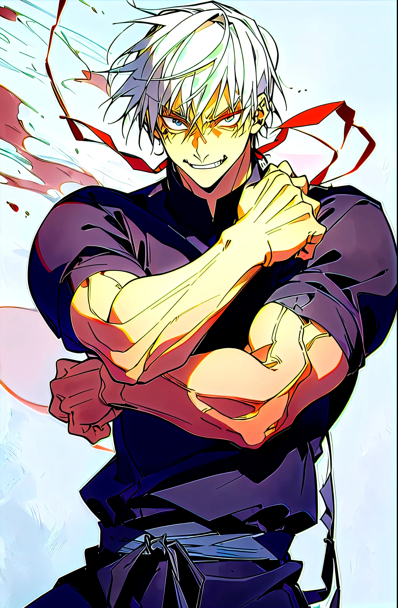 (masterpiece, best quality:1.2),white hair,cowboy shot, solo, male focus, 1boy, fushiguro toji, muscular male, evil grin, looking at viewer, black shirt, short sleeves, pantsRyota is tall and muscular, with a rugged, weather-beaten appearance that speaks to a lifetime of battle-hardened experience. His piercing gaze and stoic demeanor betray a sense of quiet intensity, hinting at the formidable warrior lurking beneath the surface. He dresses in simple, utilitarian attire, favoring dark colors and lightweight armor that allows for maximum mobility in combat.