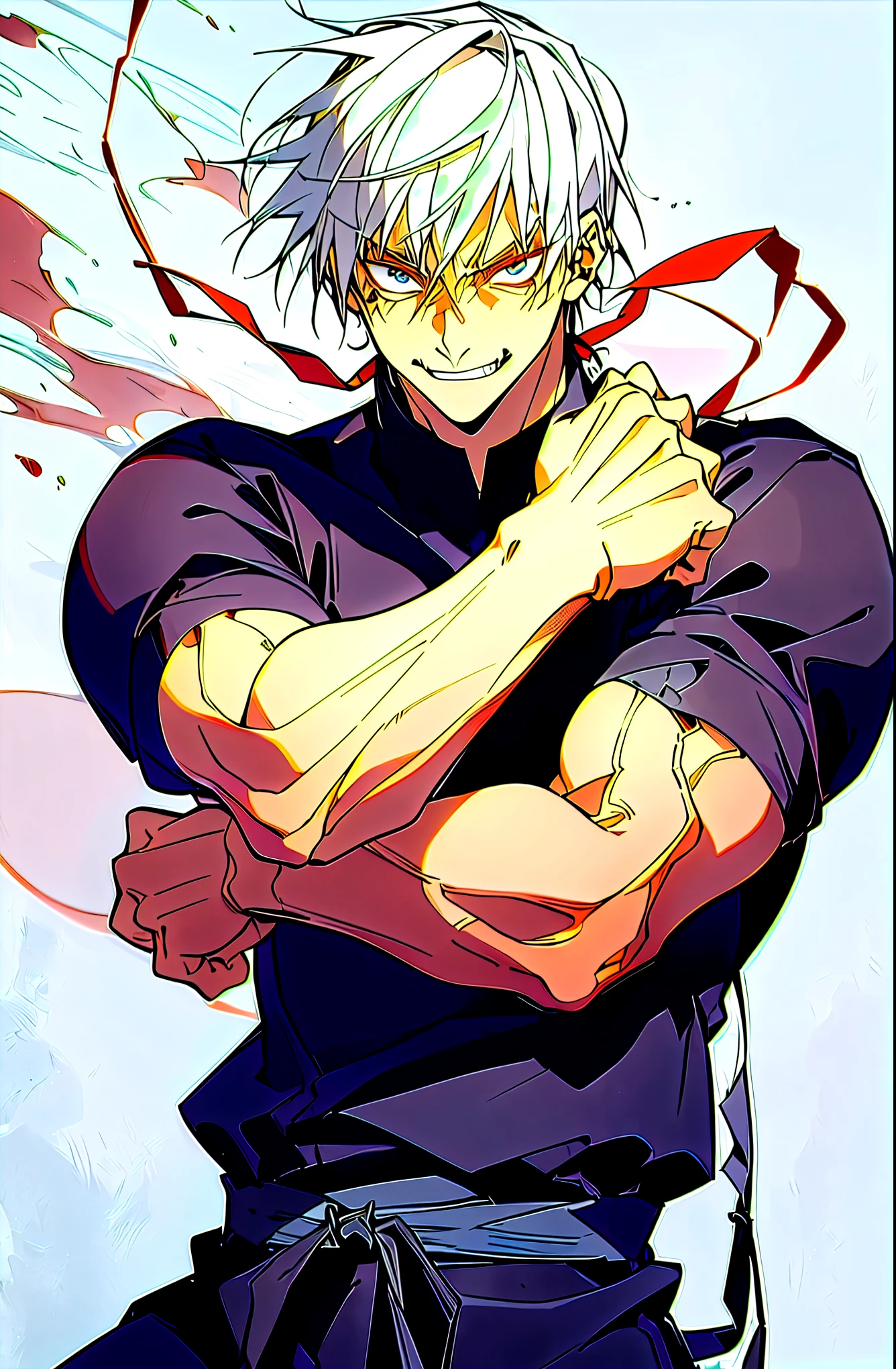 (masterpiece, best quality:1.2),white hair,cowboy shot, solo, male focus, 1boy, fushiguro toji, muscular male, evil grin, looking at viewer, black shirt, short sleeves, pantsRyota is tall and muscular, with a rugged, weather-beaten appearance that speaks to a lifetime of battle-hardened experience. His piercing gaze and stoic demeanor betray a sense of quiet intensity, hinting at the formidable warrior lurking beneath the surface. He dresses in simple, utilitarian attire, favoring dark colors and lightweight armor that allows for maximum mobility in combat.