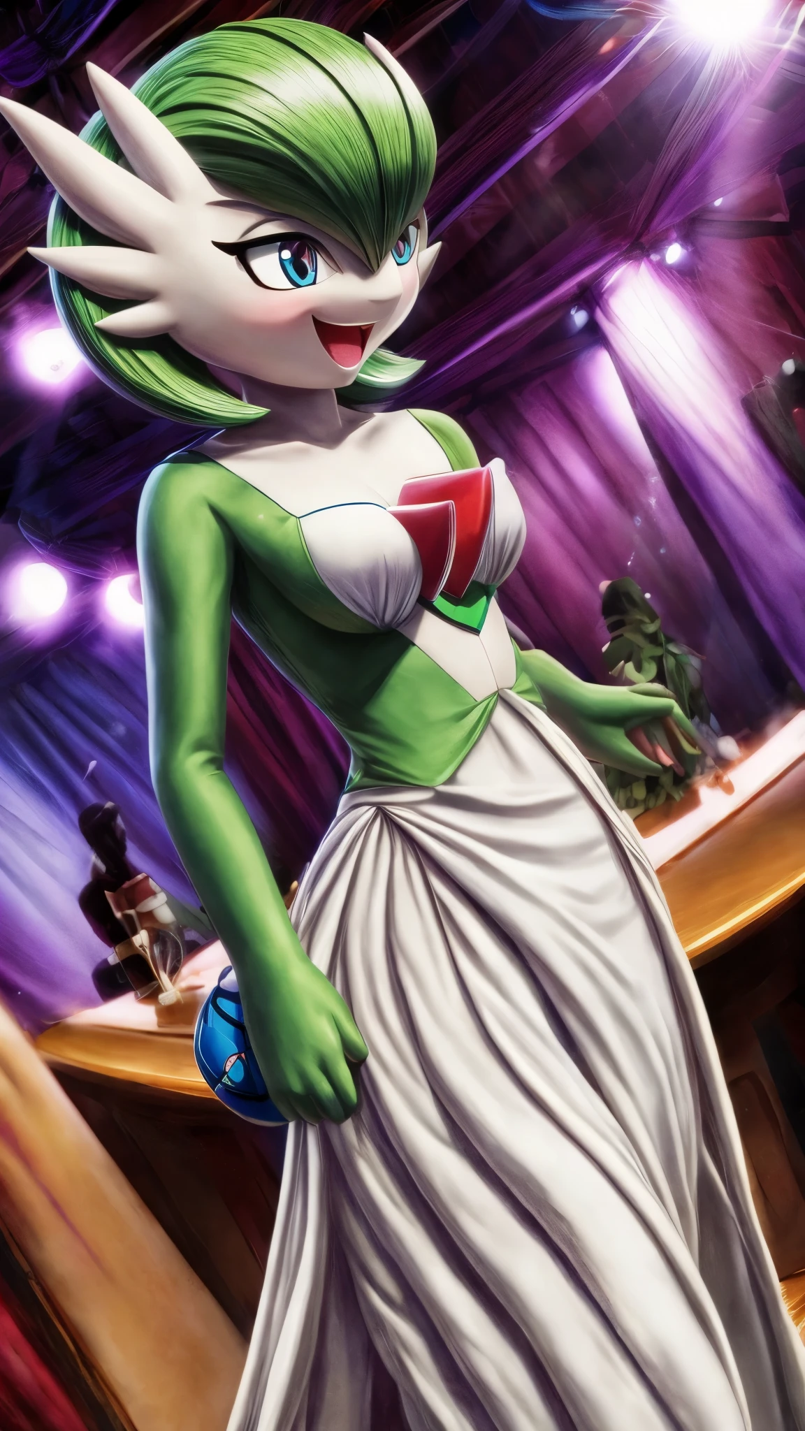 (best quality,4k,8k,highres,masterpiece:1.2),ultra-detailed, Gardevoir as a College Girl dancing in a strip club, strutting her stuff, Smiling and laughing, Flirting with the viewer, Pokémon, Pokémon (game), game freak, nintendo, (porcelain skin), blue eyes, (hair green), Pokeball purse, HDR, 8k, absurdres, cinestill 800, sharp focus, add_detail:3 (solo woman) Tenchan