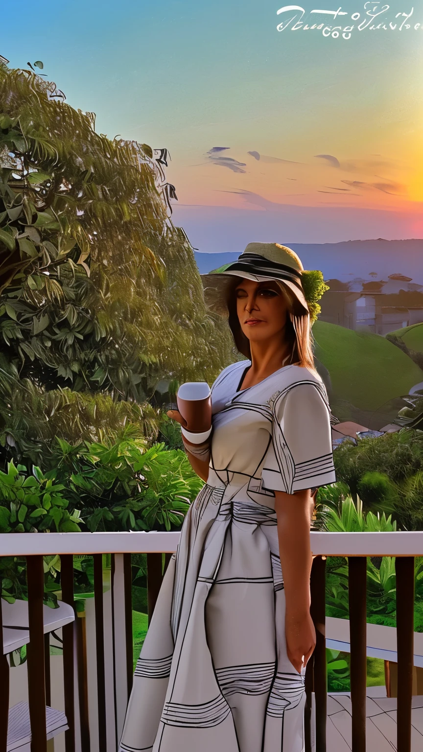 ((mulher de costas)) ((cabelo castanho longo)) ((vestido longo preto)) ((Cup of coffee)) ((country balcony)) ((paisagem por do sol com chuva)) ((4 gatos preto e branco))