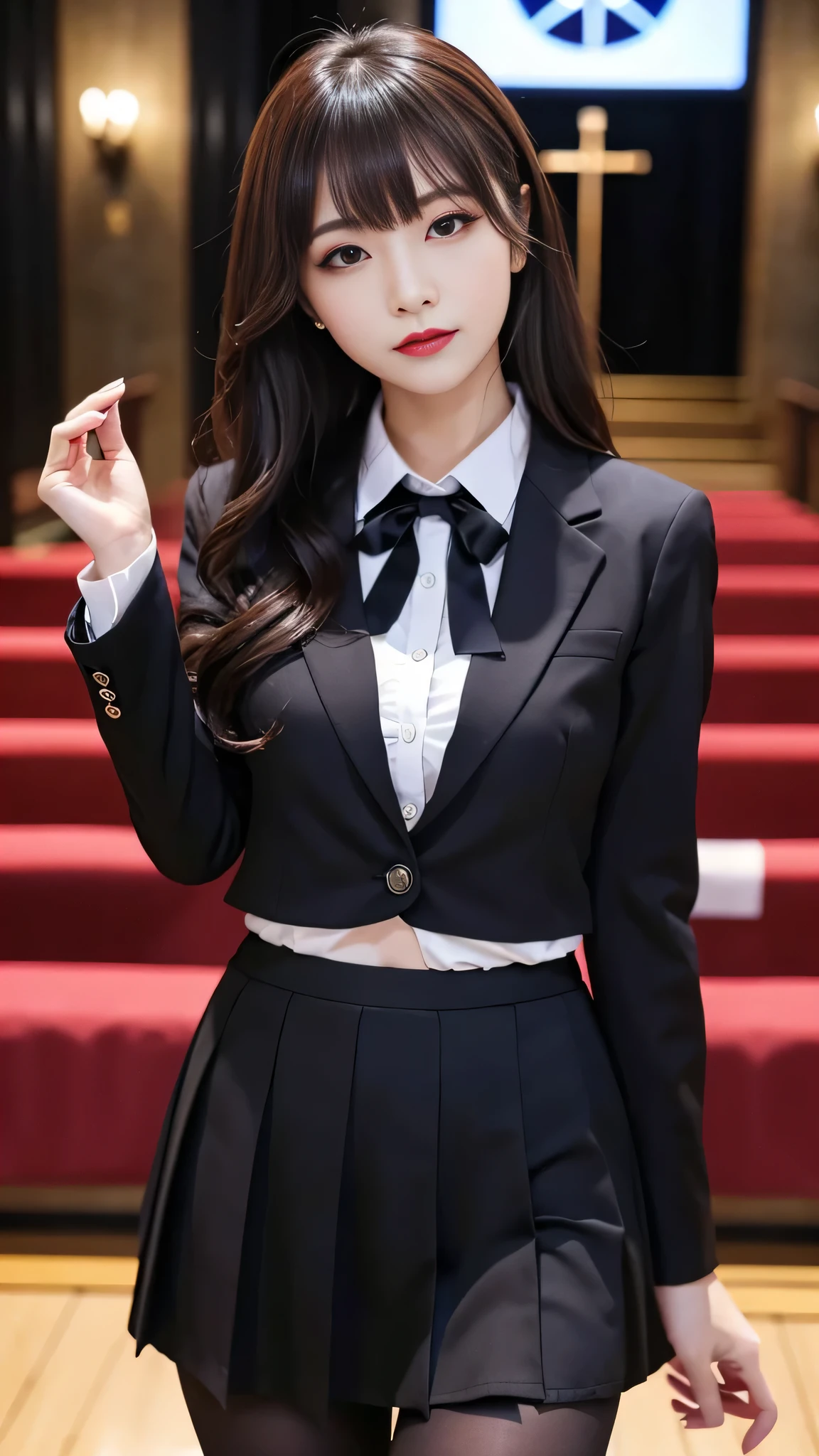 ltra-detailed、Japanese、attractive beauty、seductive adult woman、pretty woman、piercing eyes、cool girl、wavy hair、swept bangs、Female student、suit、Jacket、shirt、ribbon、blouse、Tight Skirt、pantyhose、beautiful feet、Evil cadres、evil depravity、brainwash、mind control、lipstick、smirk、dark makeup、hollow eyes,half-closed eyes、evil look、evil、empty eyes、evil、church at night、vampire、succubus、vampire、Swear allegiance、stand、