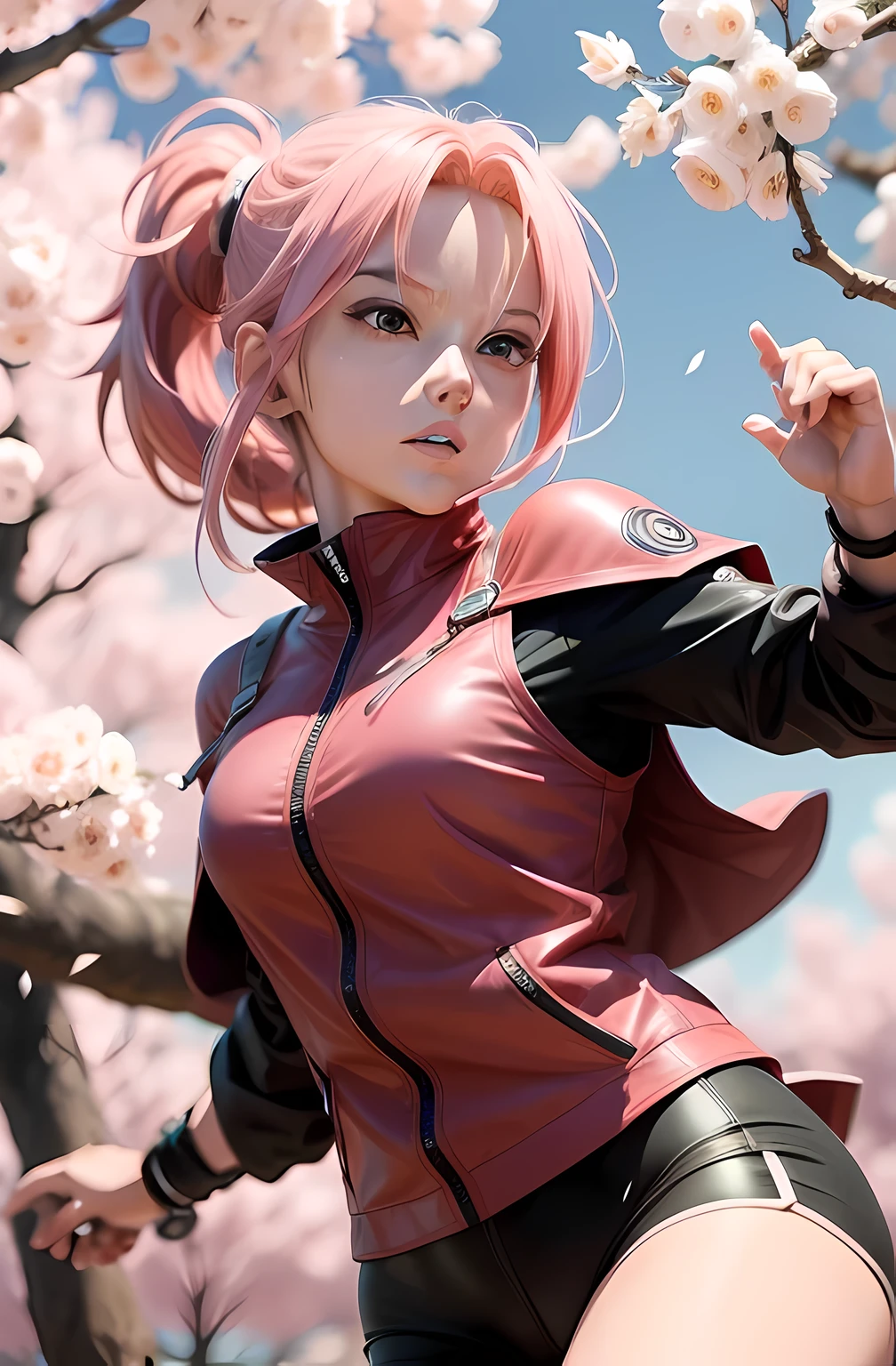 ultra high definition, "haruno sakura", de:"Naruto series", 28 anos, flor de cerejeira, olhos verdes, cabelo rosa, pose de luta, combat face,