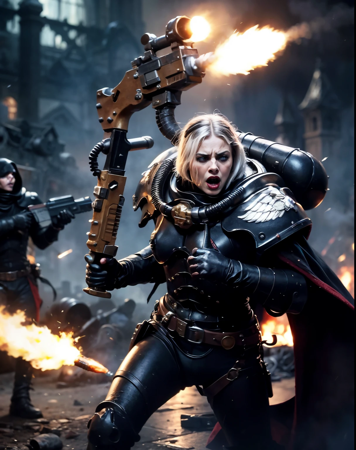 cinematic action shot of a group of sisters of battle, abstract concept art in the style of HR Giger, Apterus, Zdzislaw Beksinski,
(adepta sororitas:1.3), wearing full metal armor, ((Marilyn Monroe:Ingrid Bergman:0.5)), holding weapon, (bolter:1.3), , white hair, (dark eyeshadow:1.1), goth makeup, detailed realistic skin, matte skin texture, skin imperfections, angry, grim, shouting, (firing at viewer:1.3), in battle, (fighting stance:1.1),
detailed background, gothic ruins in the background, war, smoke, fog, dim lighting, action movie poster,
dark art (masterpiece:1.1), (high resolution RAW photo, hdr:1.1) film grain, analog style, detailed, intricate, best quality, high quality, high res, absurdres, official art, grimdark, warhammer 40k,
