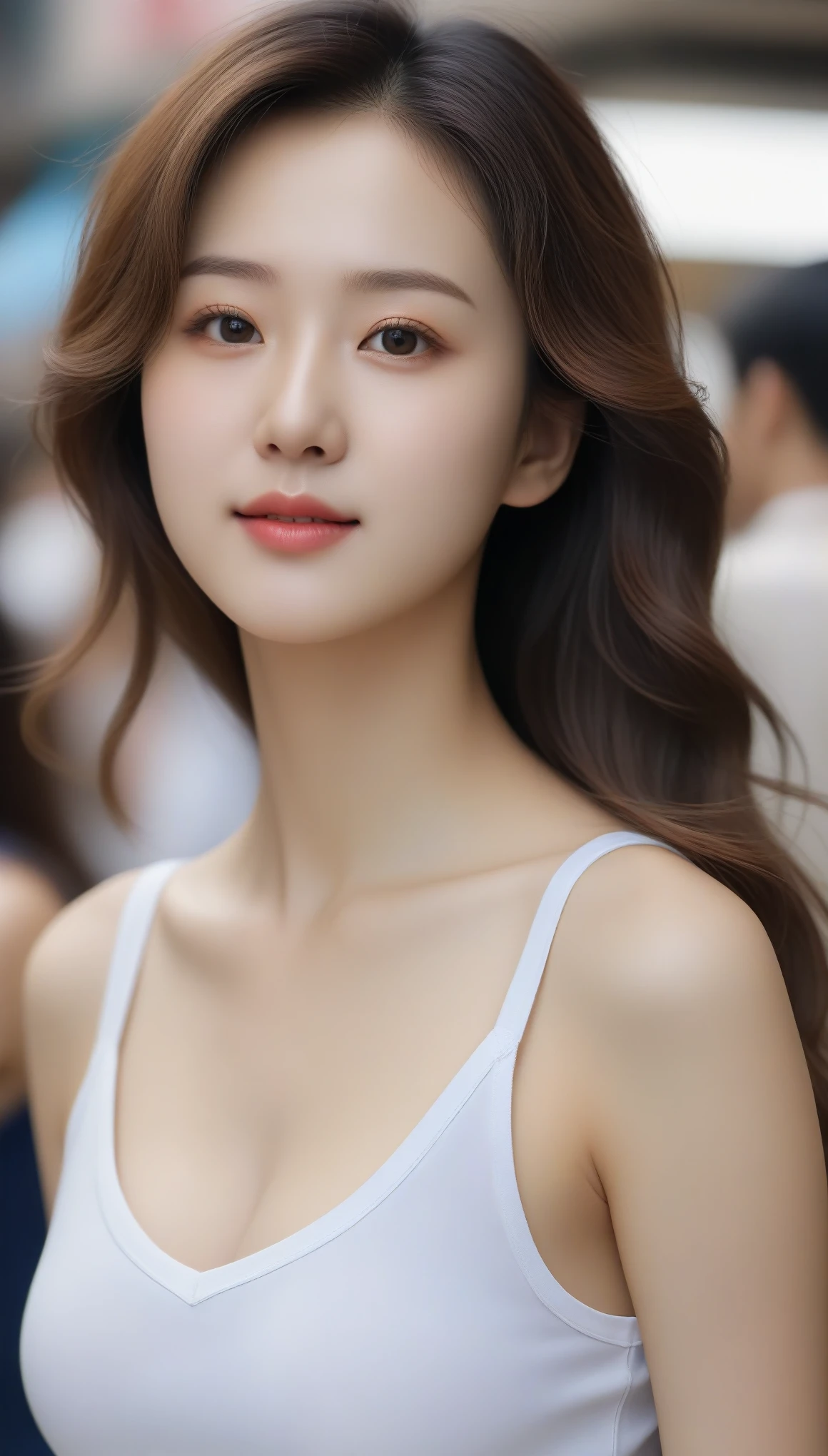 Close-up shot of beautiful korean female, 34 inch breasts size, wavy hair, slightly smile, wearing v-neck, tank top, looking side, in the market, crowded, UHD