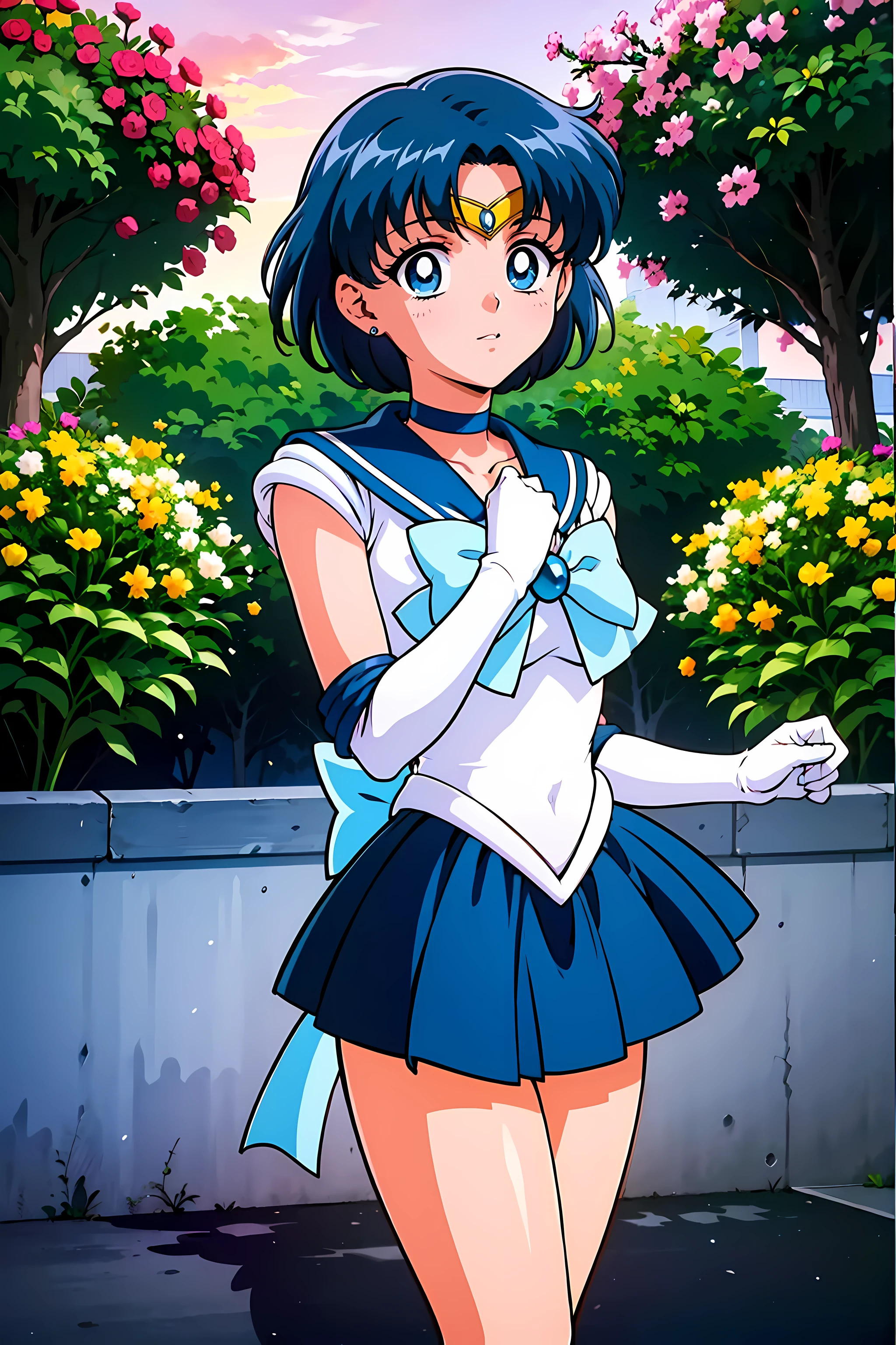 (highest quality:1.3),(ultra-be familiar with:1.5),High resolution,extremely be familiar with CG,unity 8k wallpaper,official art,be familiar with,super be familiar with skin,perfect anatomy,beautiful be familiar with eyes,(anime screenshot:1.11),very delicate and beautiful,(90s anime,90s anime style,cel shaded anime:1.17),1 girl,alone,
((mer1:1.52)), anmnr,tiara, sailor senshi uniform, blue sailor collar, bow, knee boots, choker, white gloves, blue choker, elbow gloves, jewelry, earrings, blue skirt,
(fighting pose:1.25),((garden :1.2)),at dusk, ((Recommended for scenes with strong dark shadows:1.2)), golden flower ,beautiful magical style, intense, concept art, digital painting,