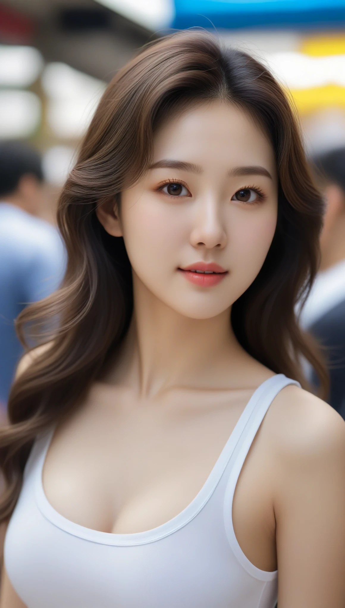 Close-up shot of beautiful korean female, 34 inch breasts size, wavy hair, slightly smile, wearing v-neck, tank top, looking side, in the market, crowded, UHD