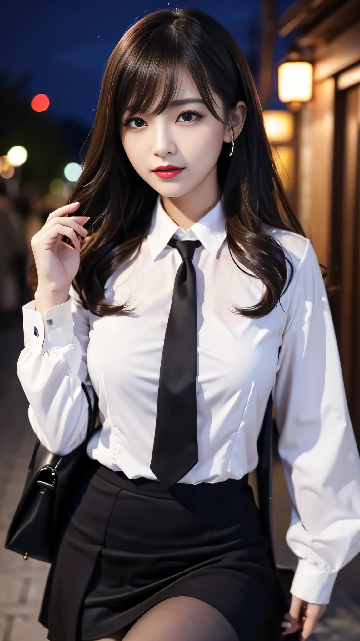 ltra-detailed、Japanese、attractive beauty、seductive adult woman、pretty woman、piercing eyes、cool girl、wavy hair、swept bangs、Female student、suit、Jacket、shirt、ribbon、blouse、Tight Skirt、pantyhose、beautiful feet、Evil cadres、evil depravity、brainwash、mind control、lipstick、smirk、dark makeup、hollow eyes,half-closed eyes、evil look、evil、empty eyes、evil、church at night、vampire、succubus、vampire、Swear allegiance、stand、