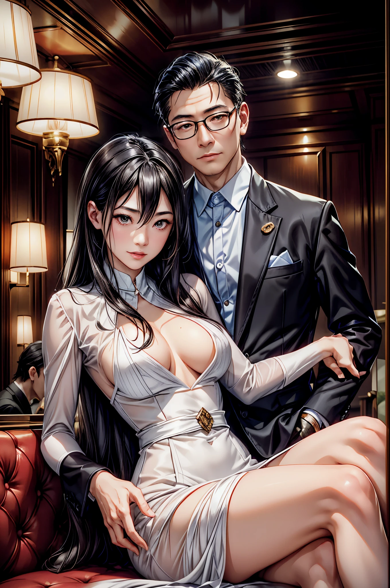 "(nsfw), In an exclusive lounge, dimly lit with soft jazz playing, a man name Masaki Tanaka, age 58, a well-respected business tycoon, in a tête-à-tête with a beautiful hostess, age 22, plush velvet upholstery and mahogany setting, in a photorealistic image, cinematic style, Masaki in a perfectly tailored suit, relaxed yet commanding posture, arm around the hostess's slender waist, sharp eyes reflecting golden light, sharing a private joke, hostess in a figure-hugging dress, leaning into Masaki, atmosphere electrifying with charisma, clink of glasses, shared laughter, mutual attraction, intimate yet public setting, 50mm lens, warm and intimate lighting, high resolution 8K, capturing the essence of sophisticated flirtation and elite lifestyle (cinematic style:1.4), (sophisticated flirtation:1.3), (elite lifestyle:1.2)"