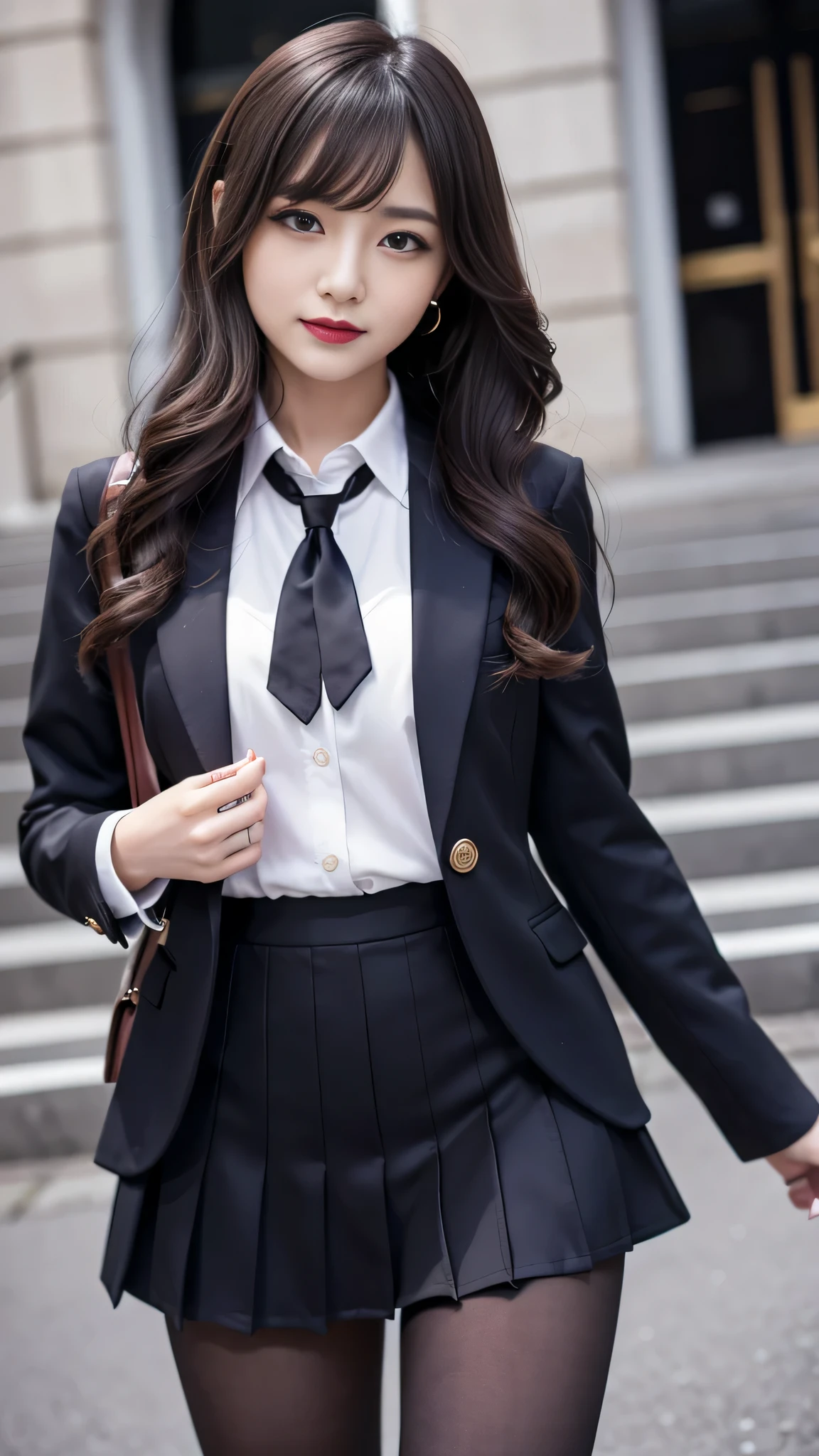 ltra-detailed、Japanese、attractive beauty、seductive adult woman、pretty woman、piercing eyes、cool girl、wavy hair、swept bangs、Female student、suit、Jacket、shirt、ribbon、blouse、Tight Skirt、pantyhose、beautiful feet、Evil cadres、evil depravity、brainwash、mind control、lipstick、smirk、dark makeup、hollow eyes,half-closed eyes、evil look、evil、empty eyes、evil、church at night、vampire、succubus、vampire、Swear allegiance、stand、