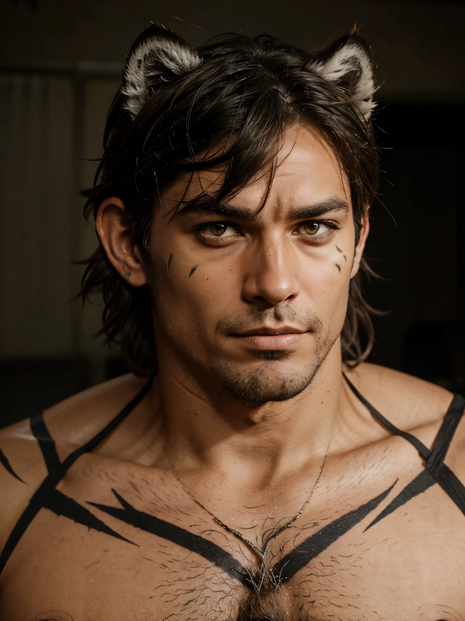 A shifter man with messy hair and pointy ears with a tiger snout and fur markings on his neck