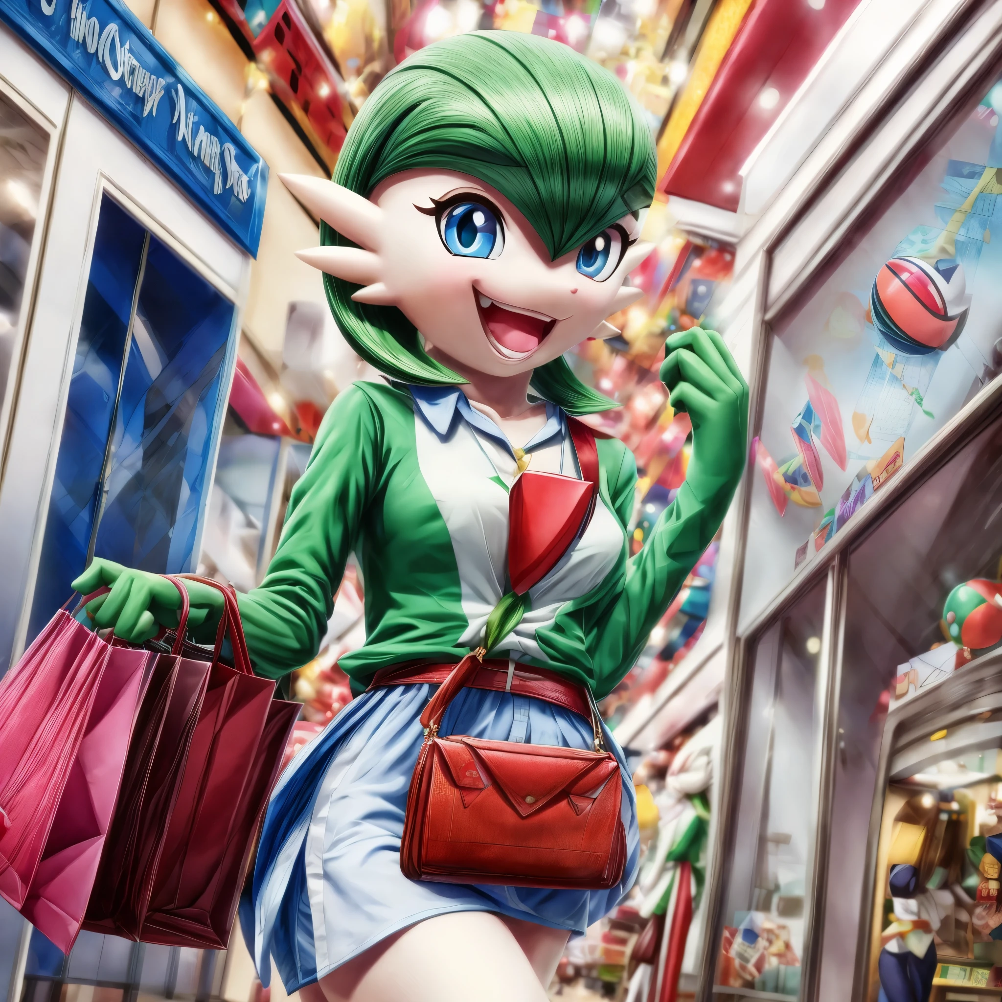 (best quality,4k,8k,highres,masterpiece:1.2),ultra-detailed, Gardevoir as a College Girl shopping in a mall, strutting her stuff, Smiling and laughing, Flirting with the viewer, Pokémon, Pokémon (game), game freak, nintendo, (porcelain skin), blue eyes, (hair green), Pokeball purse, HDR, 8k, absurdres, cinestill 800, sharp focus, add_detail:3 (solo woman) Tenchan