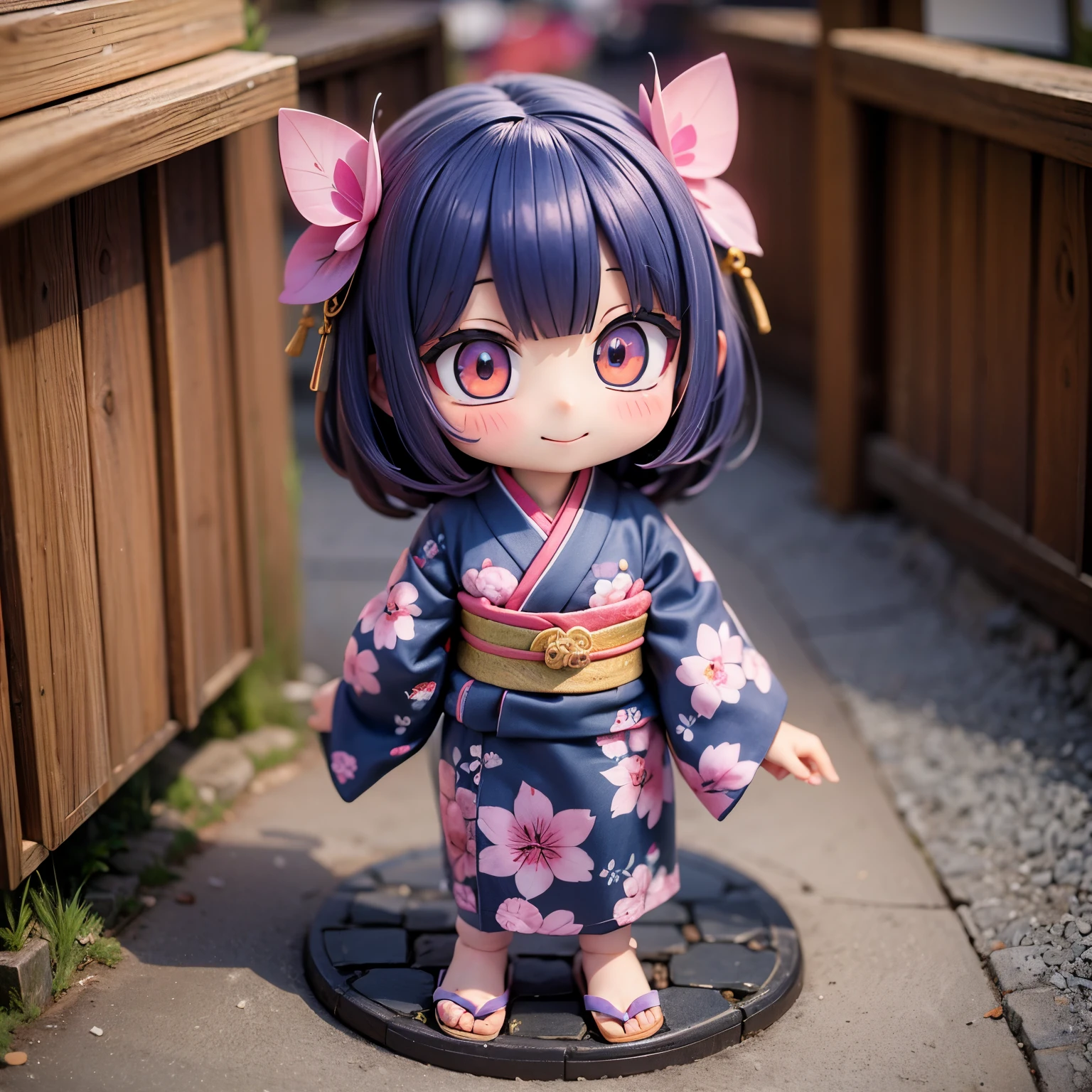 Anime characters in Japan(chibi girl、smile、kimono、butterfly hair ornament)There is a manhole cover with a、colorful