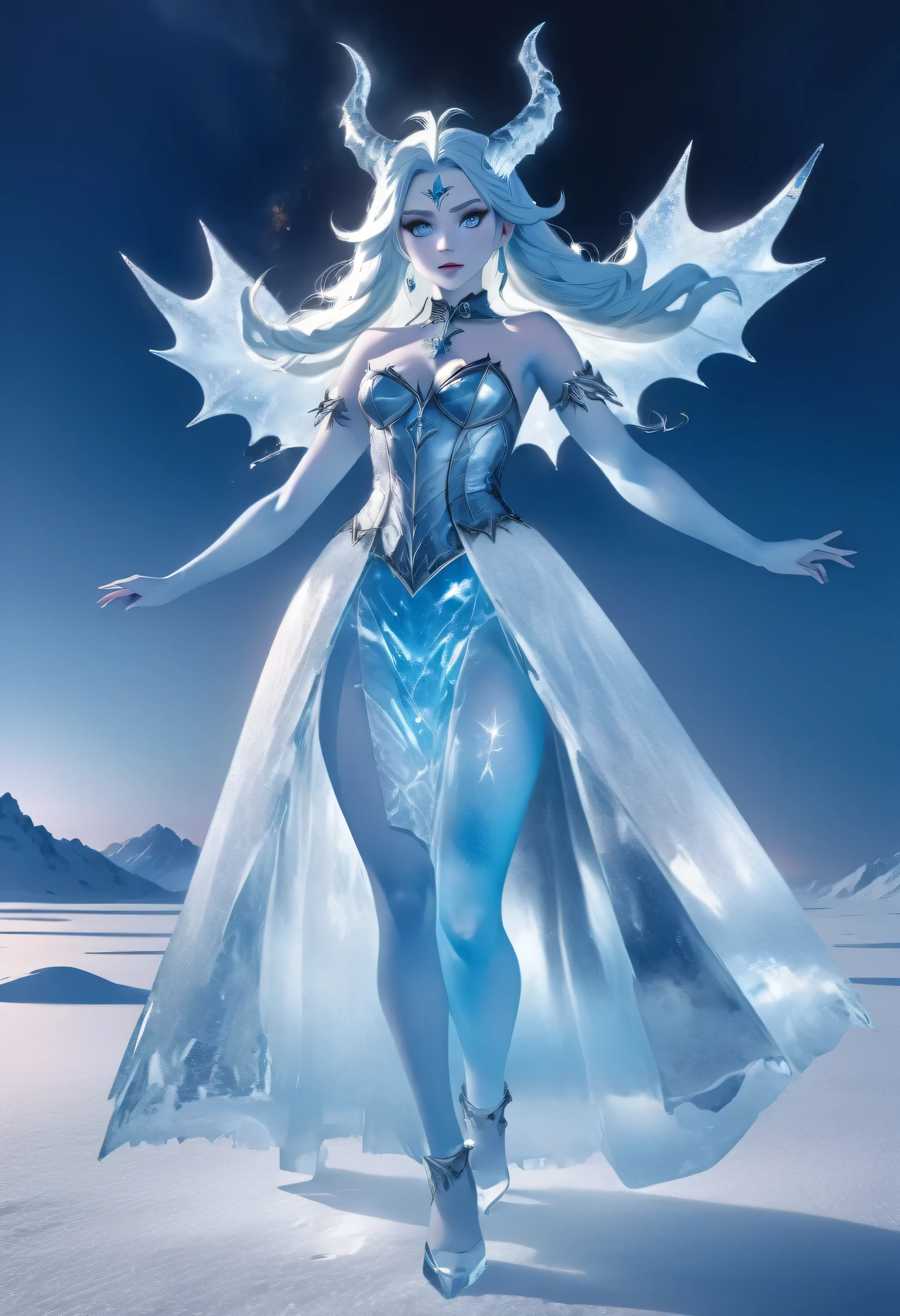 (8k, highest quality, masterpiece: 1.2), (realistic, realistic: 1.37), Super detailed, ((an ice female sexy demon:1))、Standing in the frozen snow field、Witch wearing pale armor, ((sexy costume:1)), SEXY female devil, ((aurora in the night sky)),  ((pale blue skin:1))