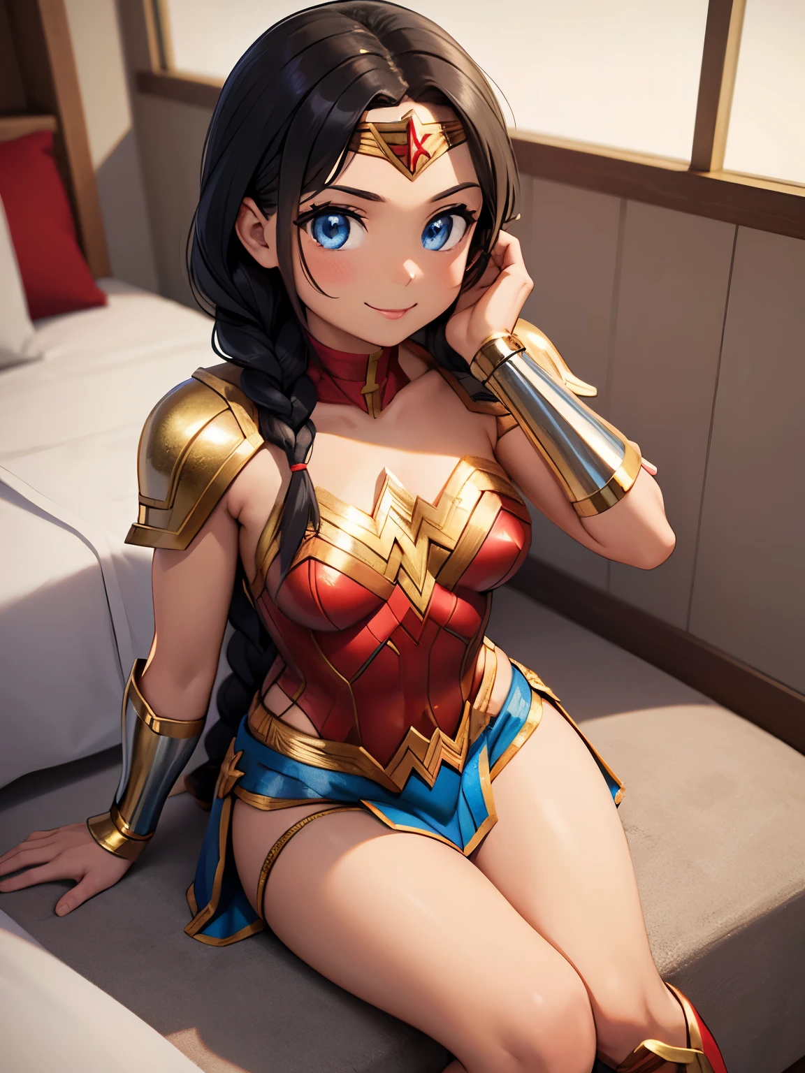 wonder woman,3d,black hair,blue eyes,boots,braid,brown skin,exposed breasts,gauntlets,gold (metal),looking at viewer,sitting,smile,tiara