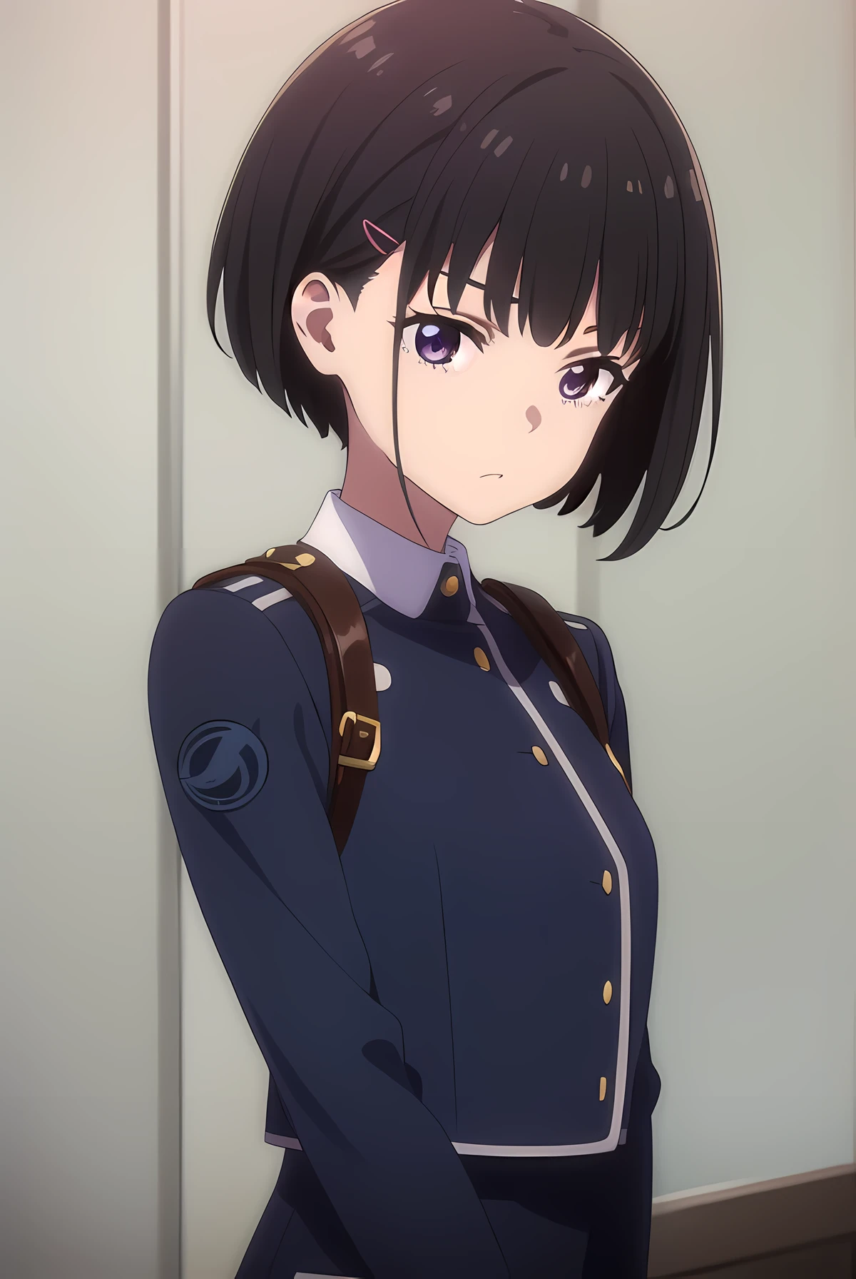 (((pixel-perfect, detail-perfect))), solo, 1girl, takina Inoue, HDR, 4K, exploded back, upper body, bob hair, short hair, short bob hair, bob cut, haircut, undercut, bobbed hair, minibob, hairclips, purple eyes, lycoris uniform